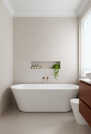 Modern bathroom with a freestanding bathtub, wooden cabinet, and window.