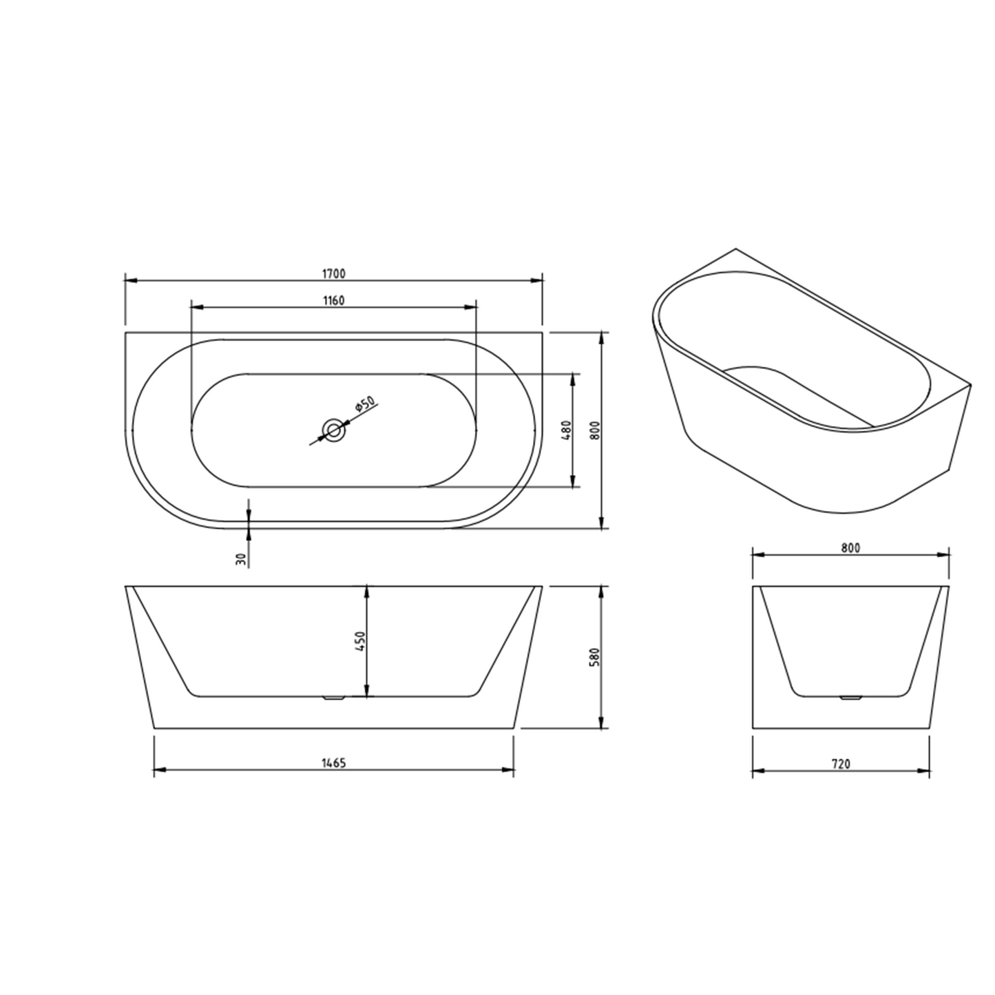 MELA - KORI 1700 Back to Wall Free Standing Bath