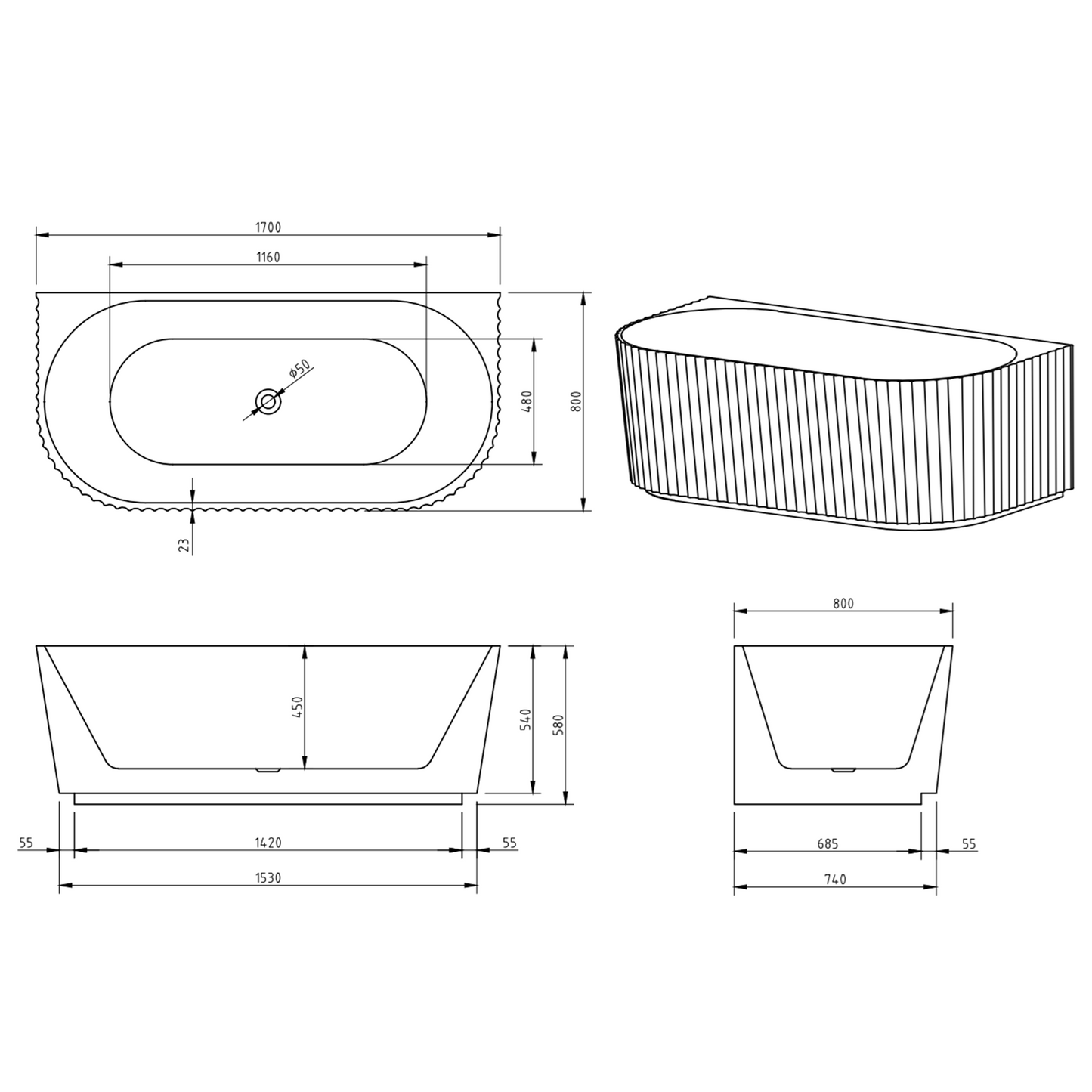 MELA - MIZO 1700 Back to Wall Free Standing Bath