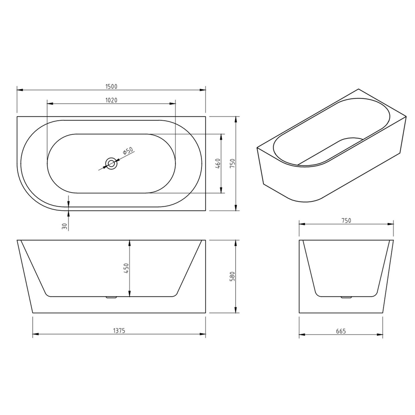MELA - NOOK 1500 Free Standing Bath Right Corner