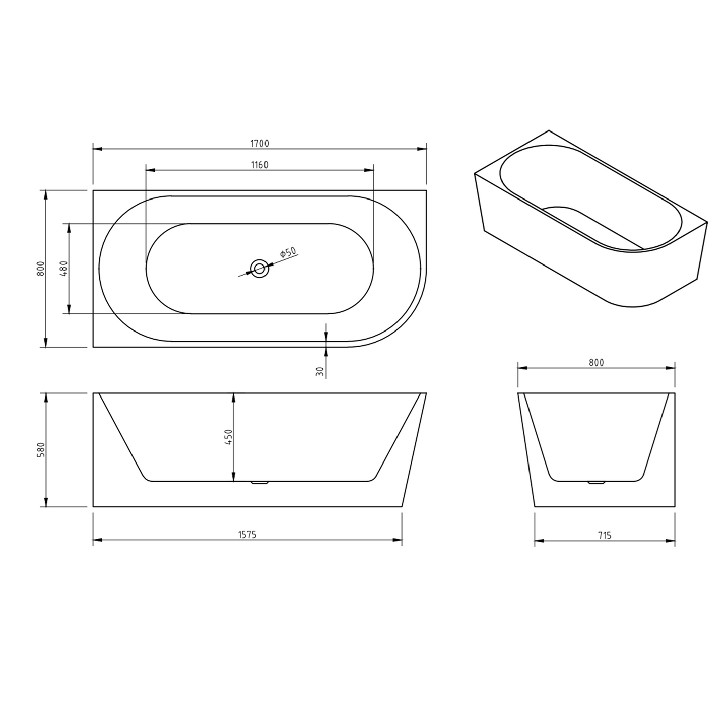 MELA - NOOK 1700 Free Standing Bath Left Corner