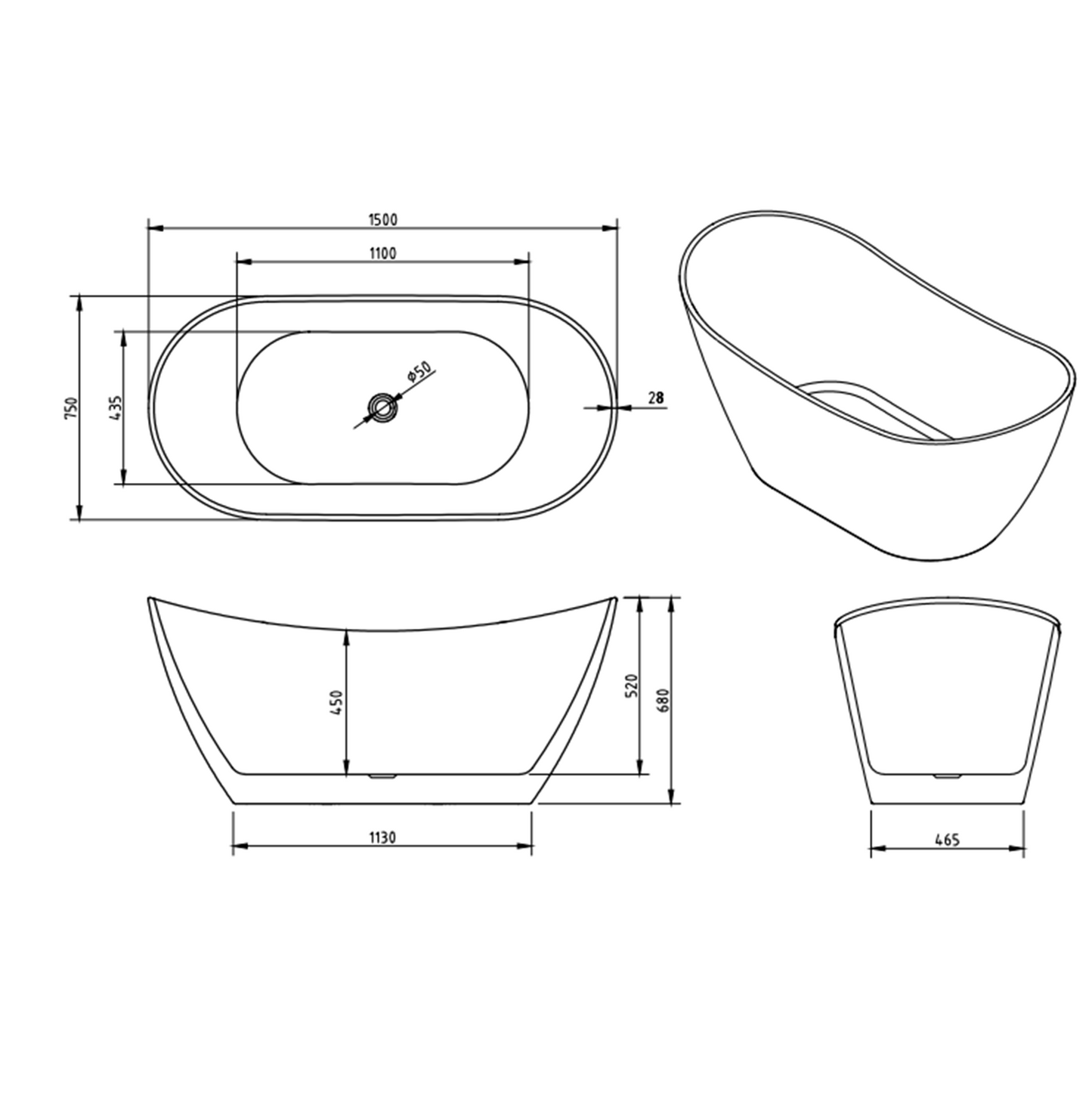 MELA - TAYLOR 1500 High Back Free Standing Bath