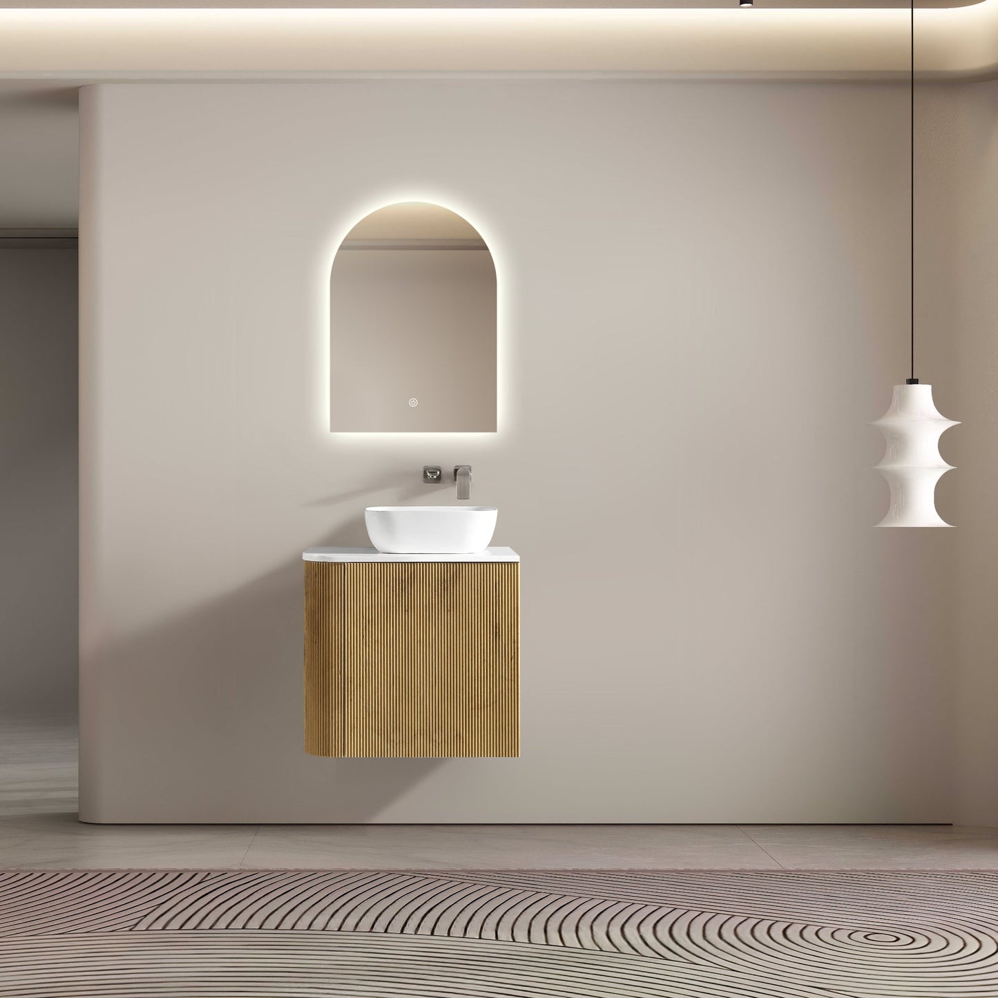 MELA - BRITTANY 600 Oak Fluted One Side Curved Wall Hung Vanity with Cupboard