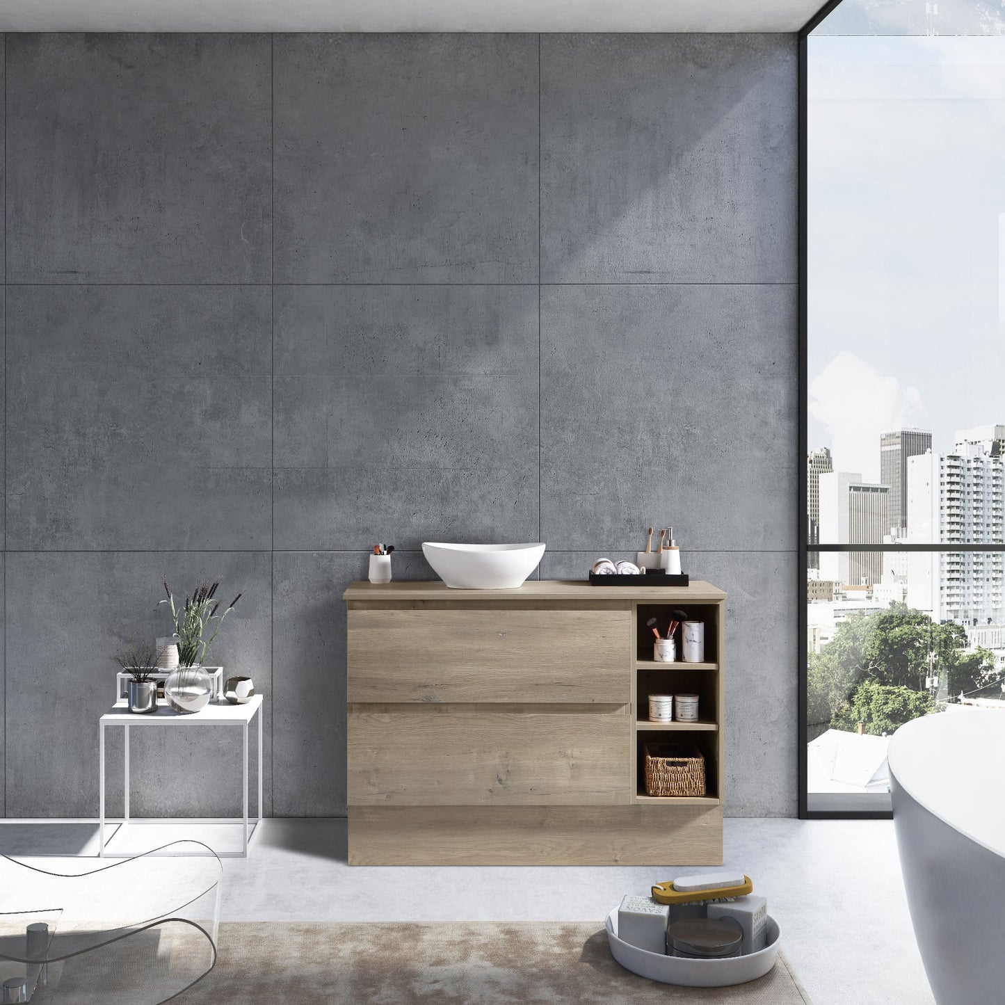 MELA - CLARK 900 Sorrento Oak Wall Hung Vanity with 2 Drawers and Open Shelves