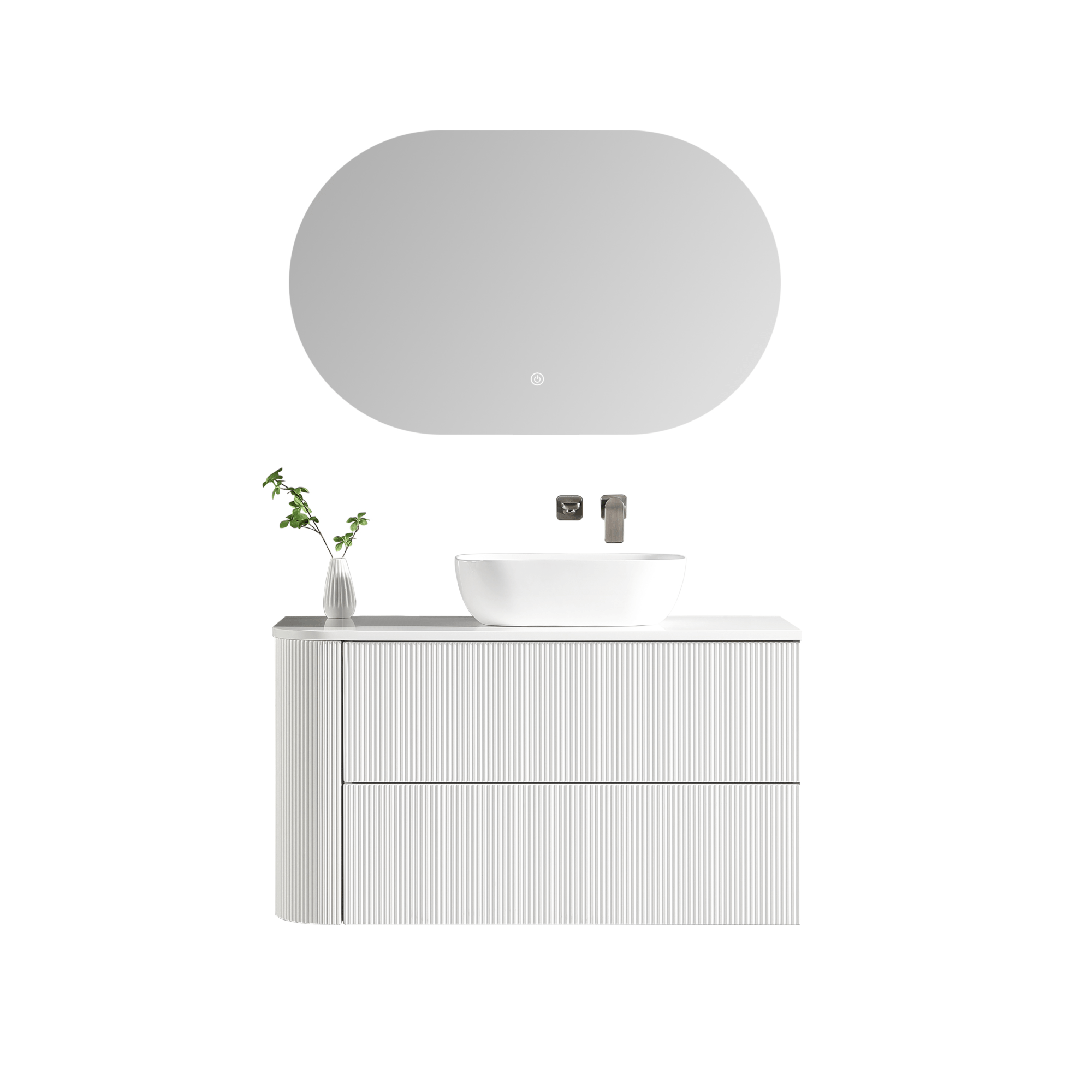 MELA - BRITTANY 1050 Matt White Fluted One Side Curved Wall Hung Vanity with 2 Drawers - Vanities - from our - MELA - supplier–available at Bathroom City Perth