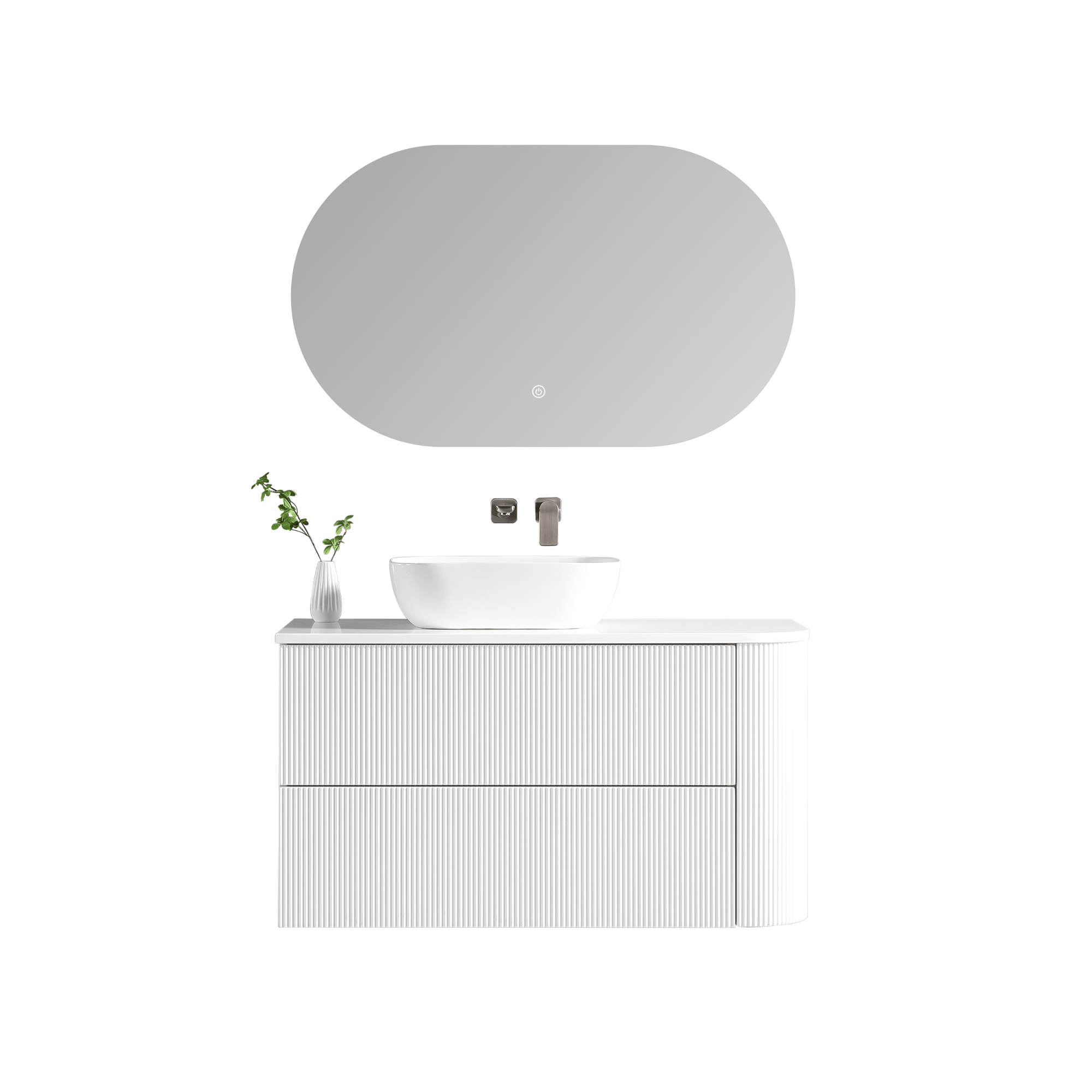 MELA - BRITTANY 1050 Matt White Fluted One Side Curved Wall Hung Vanity with 2 Drawers - Vanities - from our - MELA - supplier–available at Bathroom City Perth