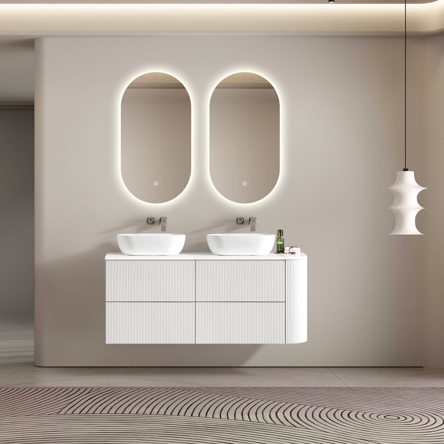 MELA - BRITTANY 1350 Matt White Fluted One Side Curved Wall Hung Vanity with 4 DrawersVanities – available at Bathroom City Perth