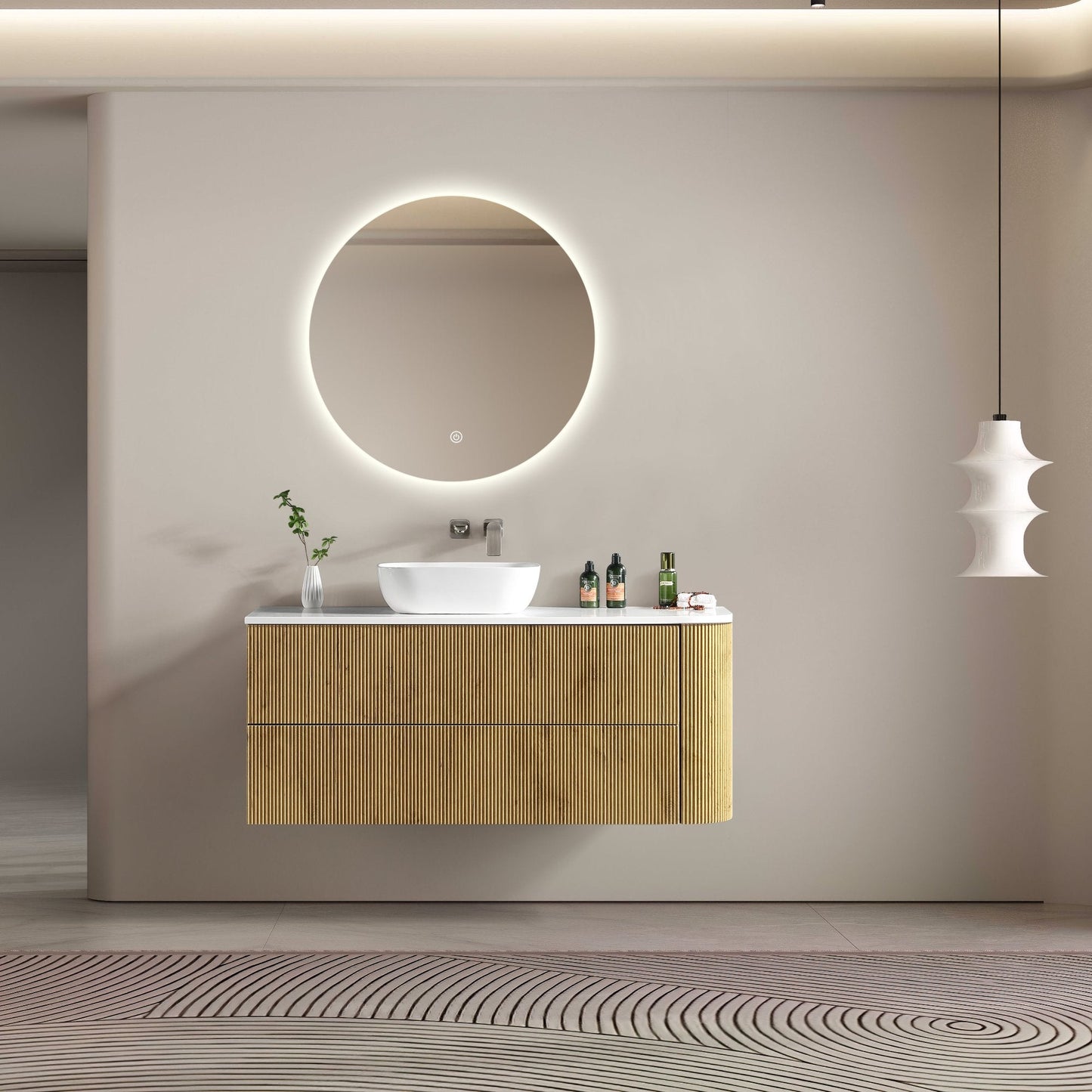 MELA - BRITTANY 1350 Oak Fluted One Side Curved Wall Hung Vanity with 2 DrawersVanities – available at Bathroom City Perth