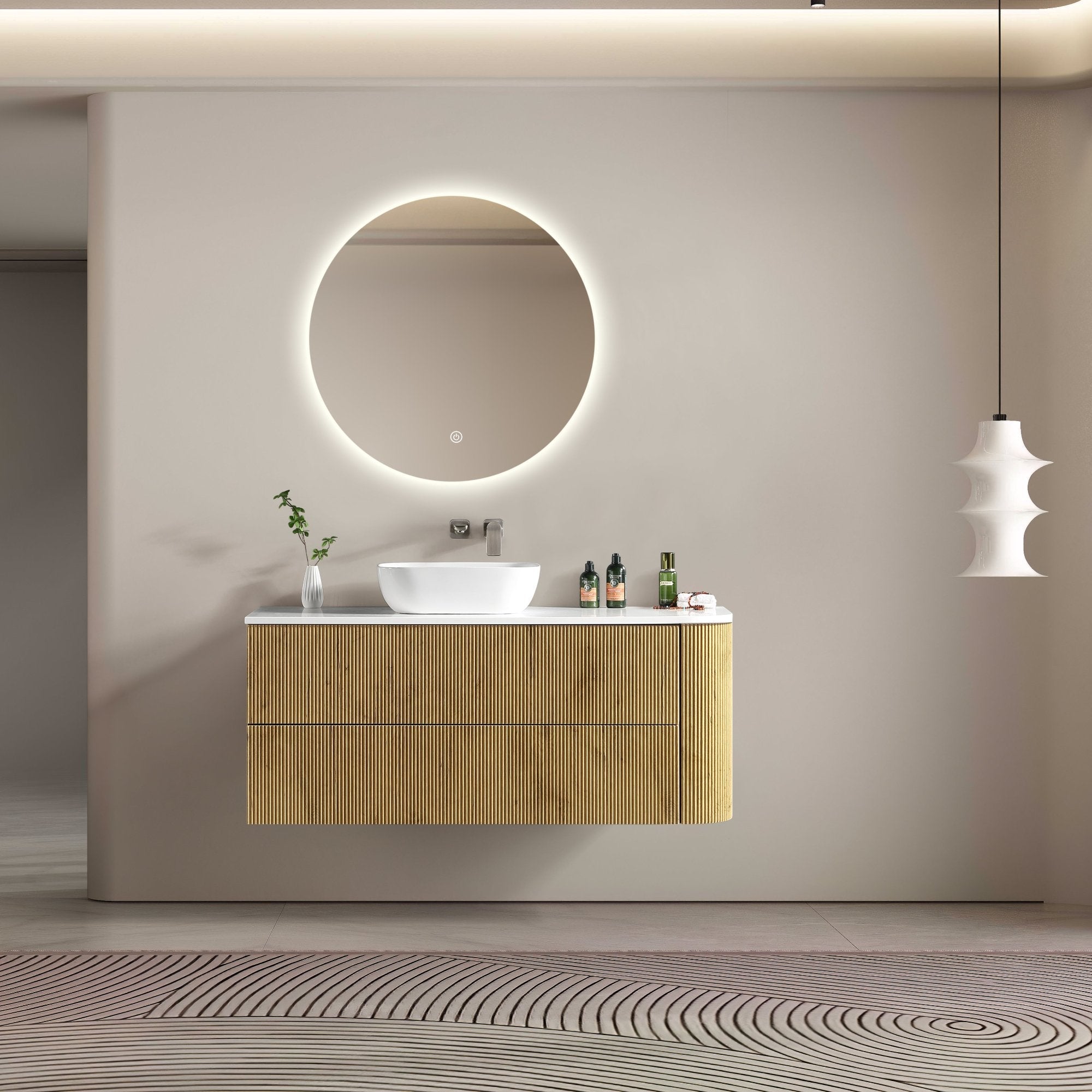 MELA - BRITTANY 1350 Oak Fluted One Side Curved Wall Hung Vanity with 2 DrawersVanities – available at Bathroom City Perth