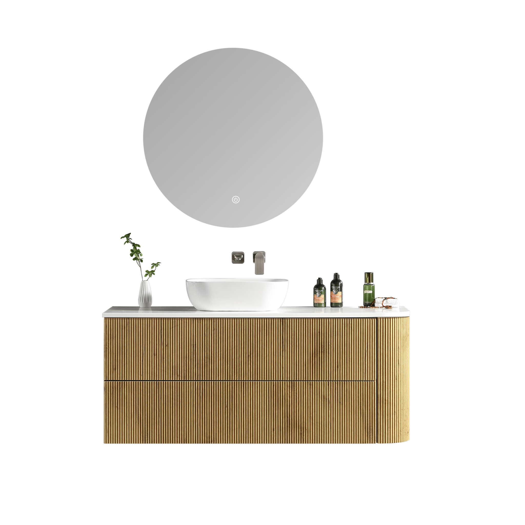 MELA - BRITTANY 1350 Oak Fluted One Side Curved Wall Hung Vanity with 2 Drawers - Vanities - from our - MELA - supplier–available at Bathroom City Perth