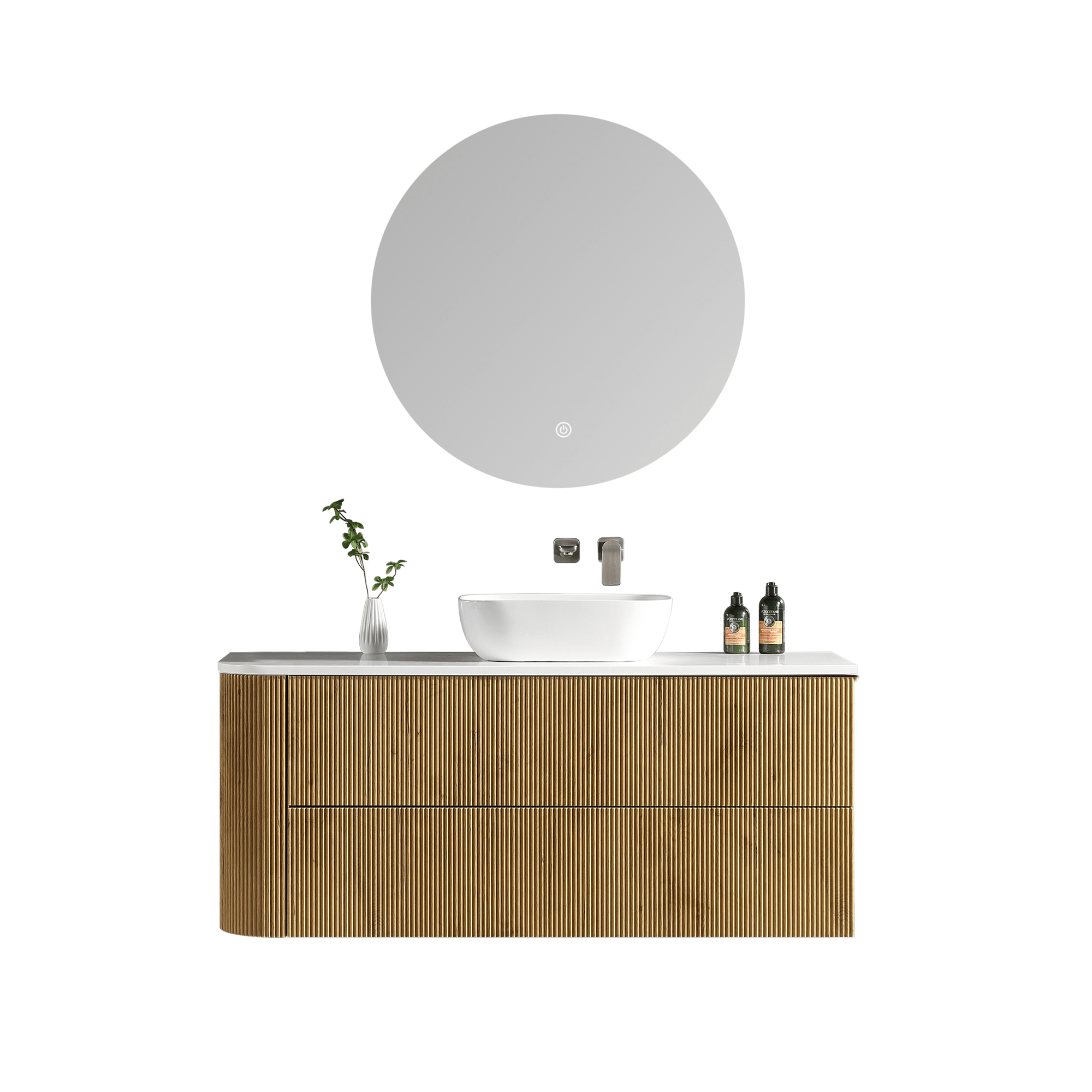 MELA - BRITTANY 1350 Oak Fluted One Side Curved Wall Hung Vanity with 2 Drawers - Vanities - from our - MELA - supplier–available at Bathroom City Perth