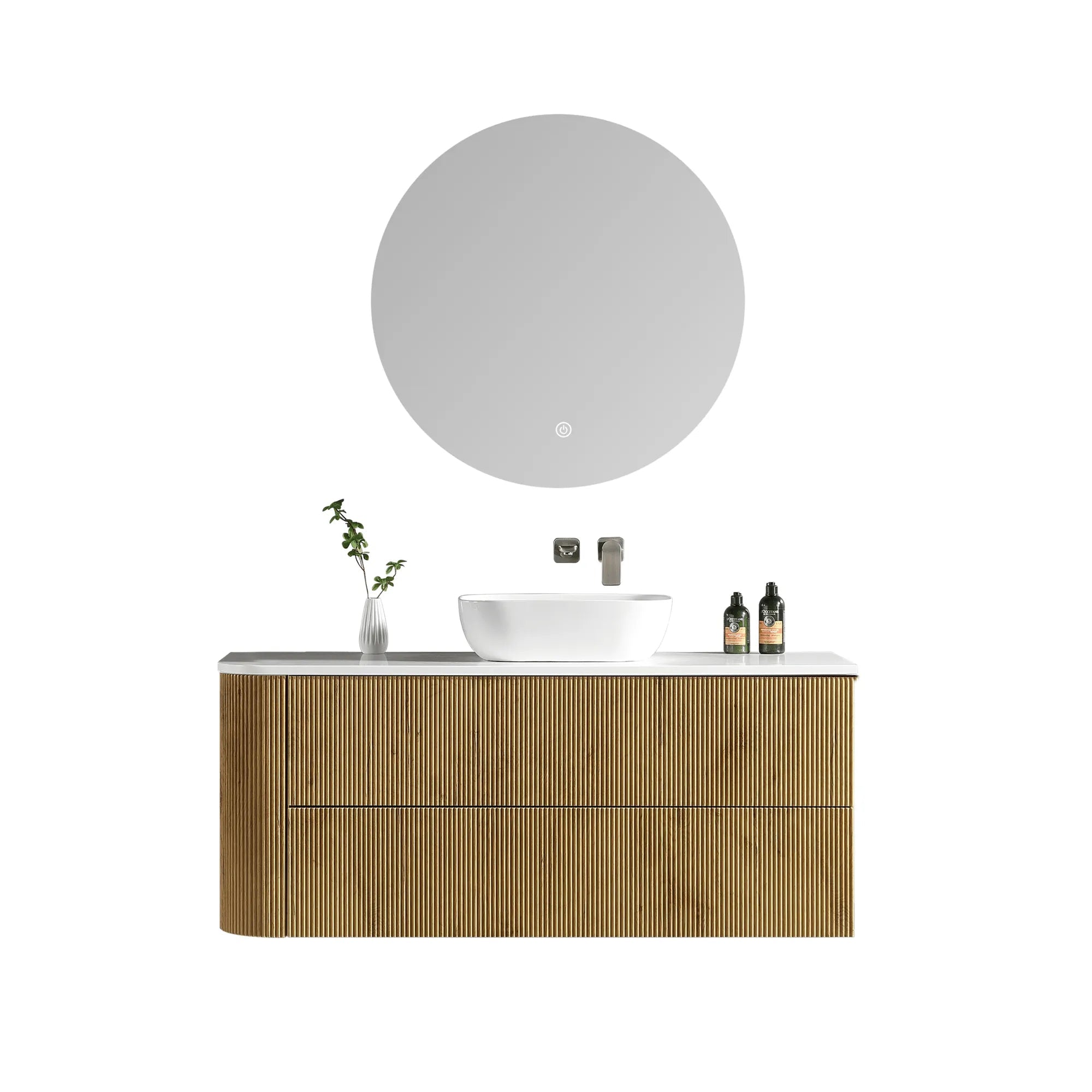 MELA - BRITTANY 1350 Oak Fluted One Side Curved Wall Hung Vanity with 2 Drawers-Vanities-from our-MELA-supplier–available at Bathroom City Perth