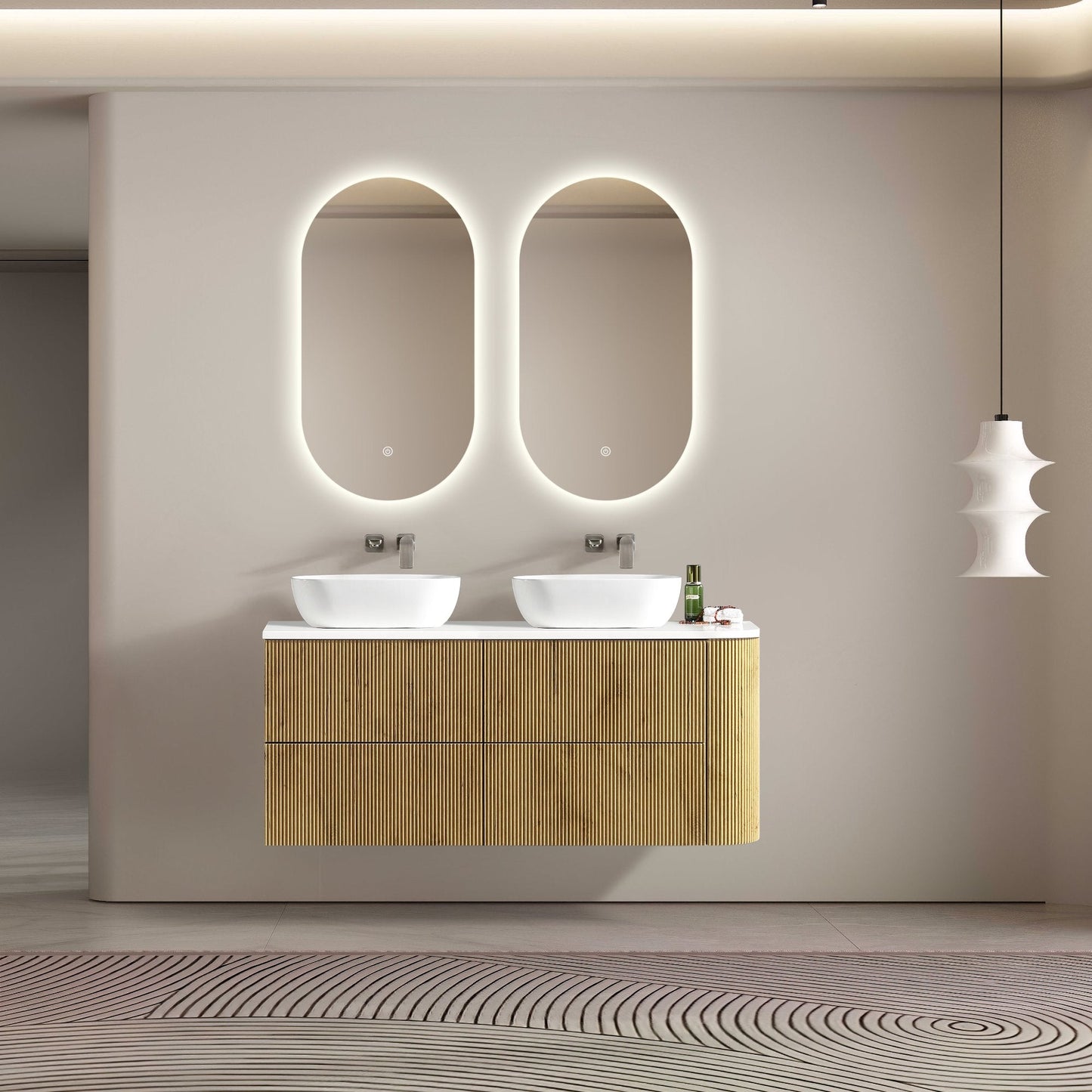 MELA - BRITTANY 1350 Oak Fluted One Side Curved Wall Hung Vanity with 4 DrawersVanities – available at Bathroom City Perth