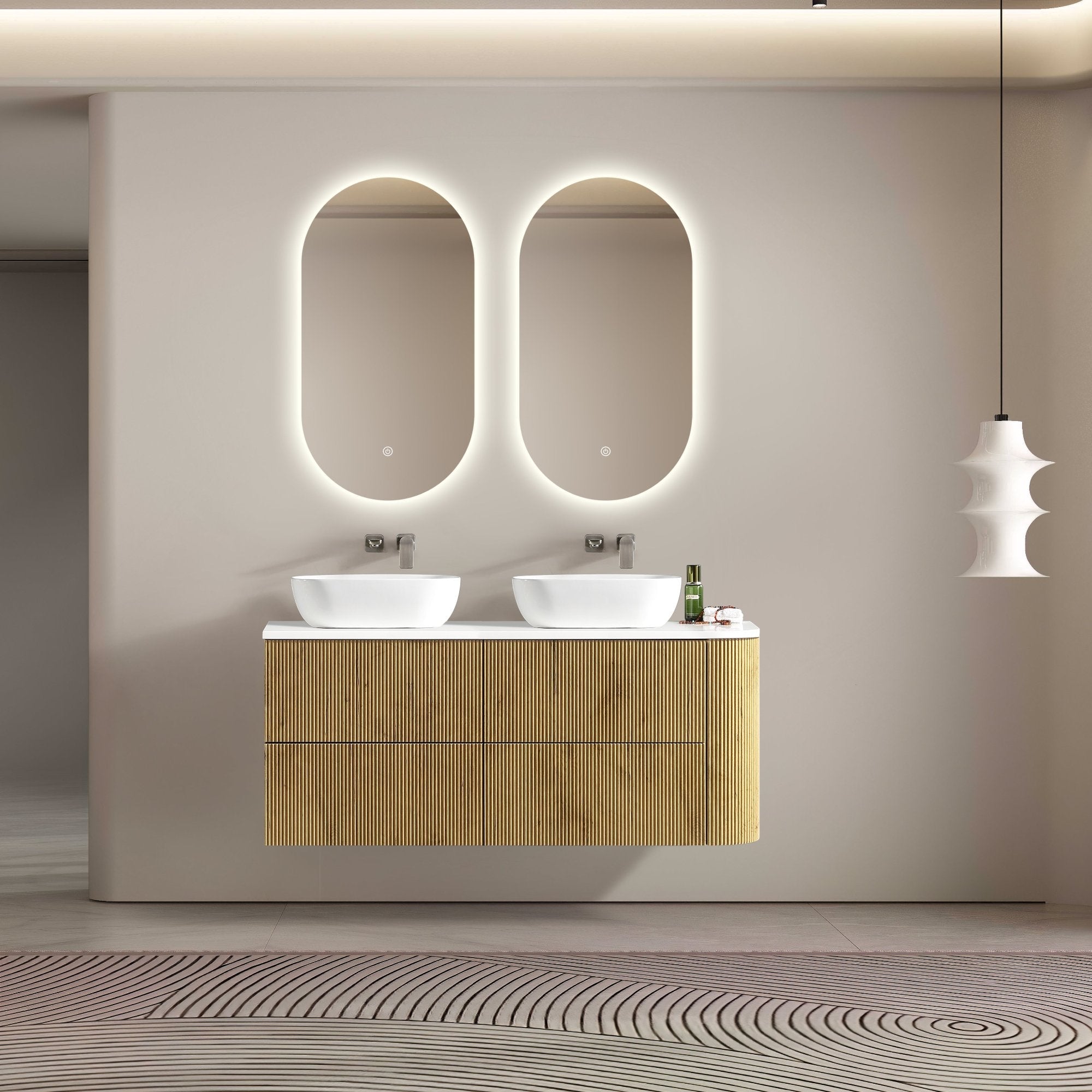 MELA - BRITTANY 1350 Oak Fluted One Side Curved Wall Hung Vanity with 4 DrawersVanities – available at Bathroom City Perth