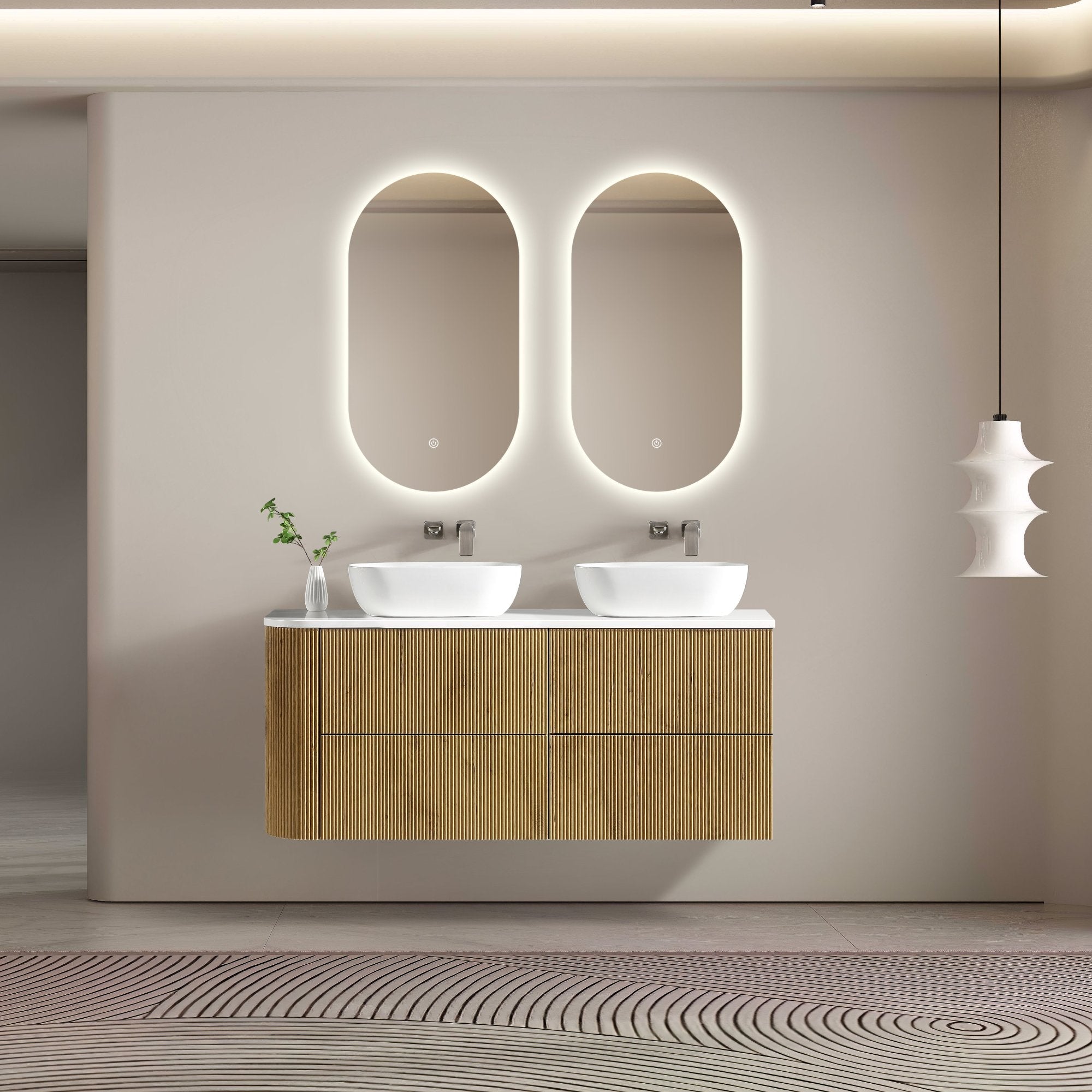 MELA - BRITTANY 1350 Oak Fluted One Side Curved Wall Hung Vanity with 4 DrawersVanities – available at Bathroom City Perth