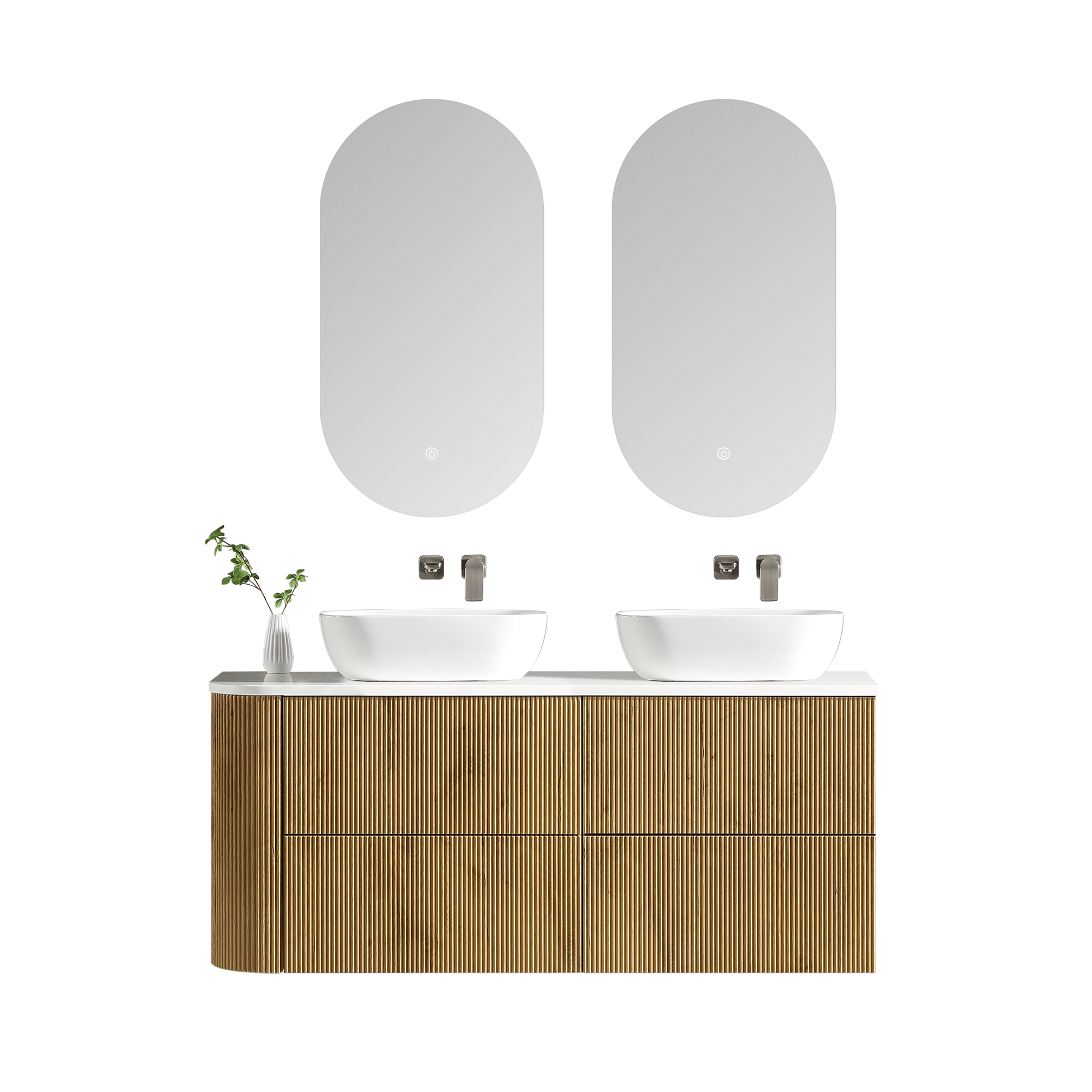 MELA - BRITTANY 1350 Oak Fluted One Side Curved Wall Hung Vanity with 4 Drawers - Vanities - from our - MELA - supplier–available at Bathroom City Perth