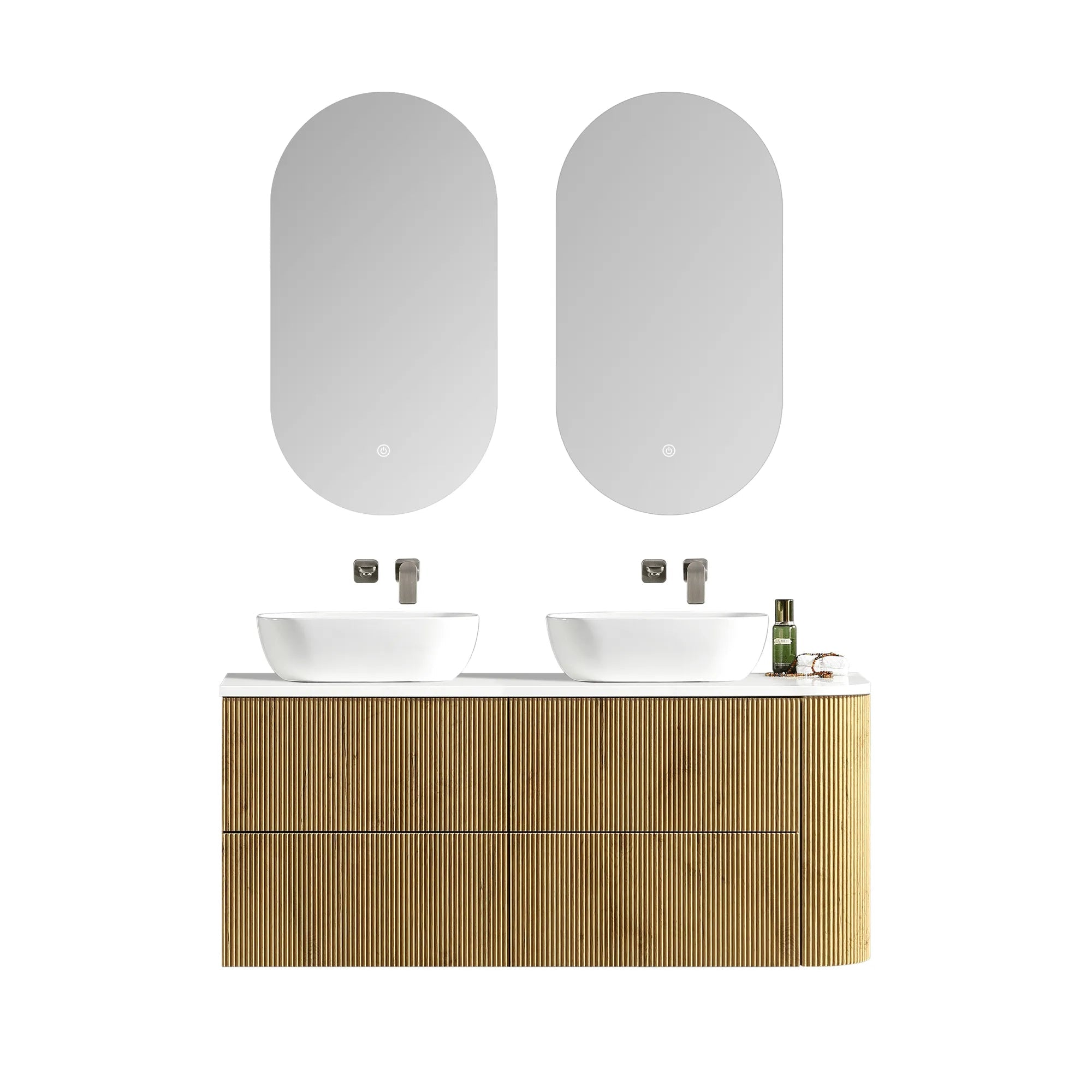 MELA - BRITTANY 1350 Oak Fluted One Side Curved Wall Hung Vanity with 4 Drawers-Vanities-from our-MELA-supplier–available at Bathroom City Perth