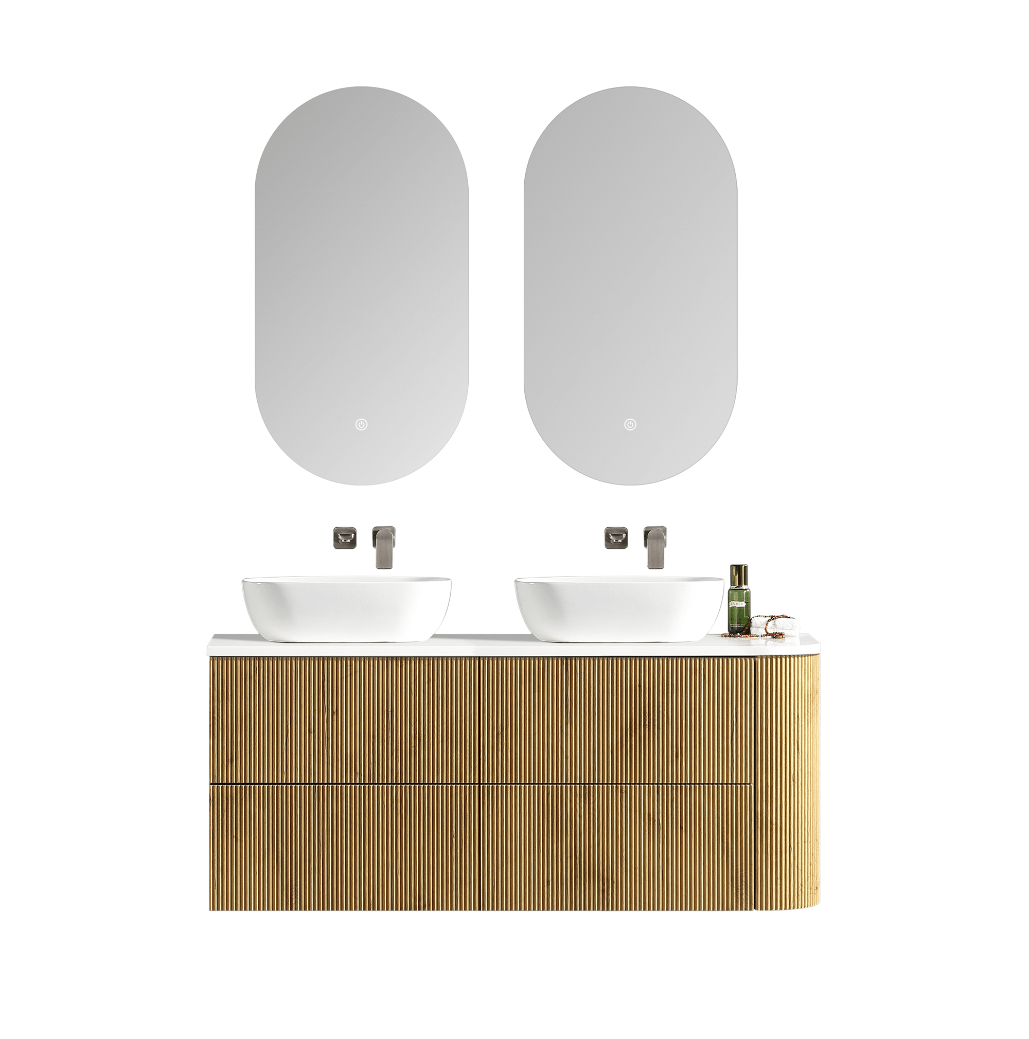 MELA - BRITTANY 1350 Oak Fluted One Side Curved Wall Hung Vanity with 4 Drawers - Vanities - from our - MELA - supplier–available at Bathroom City Perth