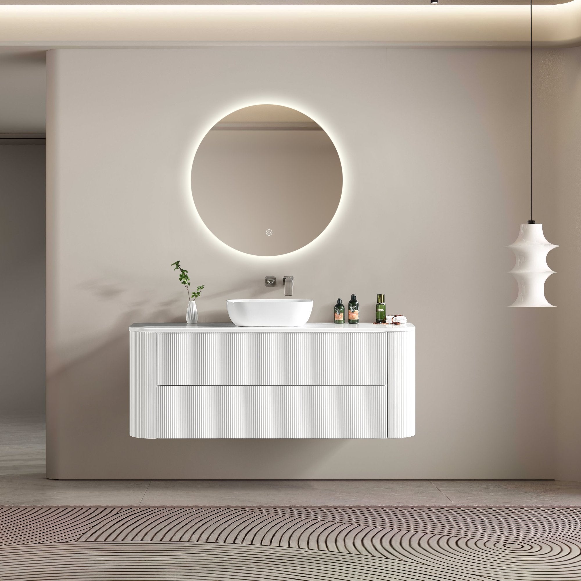 MELA - BRITTANY 1500 Matt White Fluted Curved Wall Hung Vanity with 2 DrawersVanities – available at Bathroom City Perth
