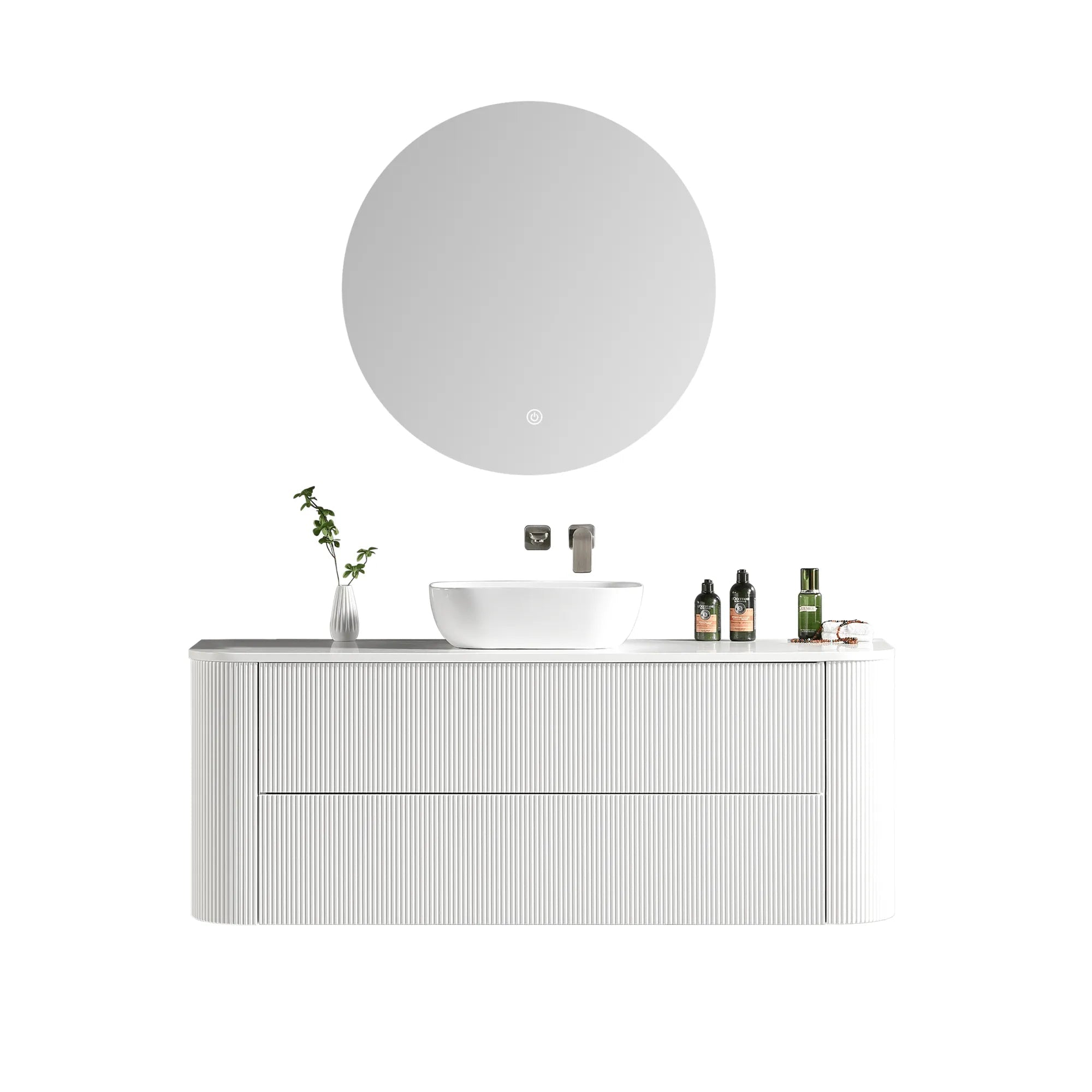 MELA - BRITTANY 1500 Matt White Fluted Curved Wall Hung Vanity with 2 Drawers-Vanities-from our-MELA-supplier–available at Bathroom City Perth