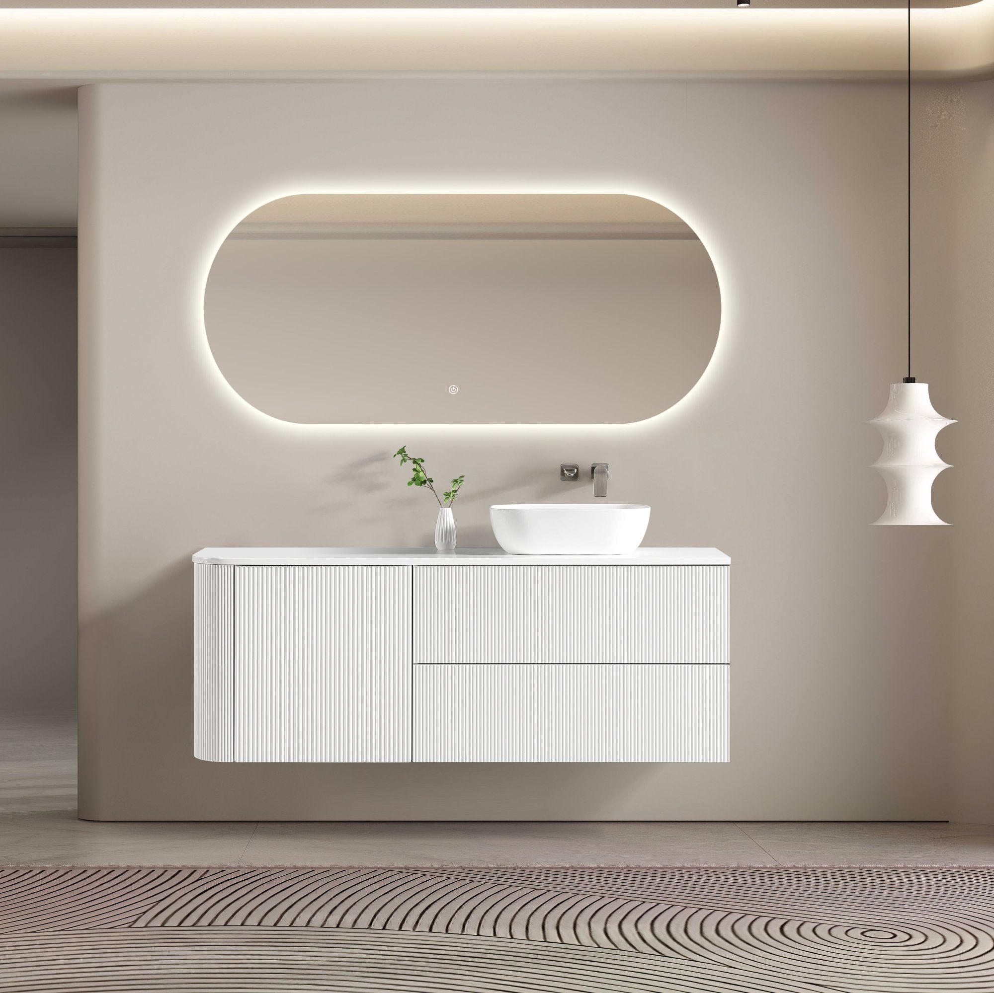 MELA - BRITTANY 1500 Matt White Fluted One Side Curved Wall Hung Vanity with Door & 2 DrawersVanities – available at Bathroom City Perth