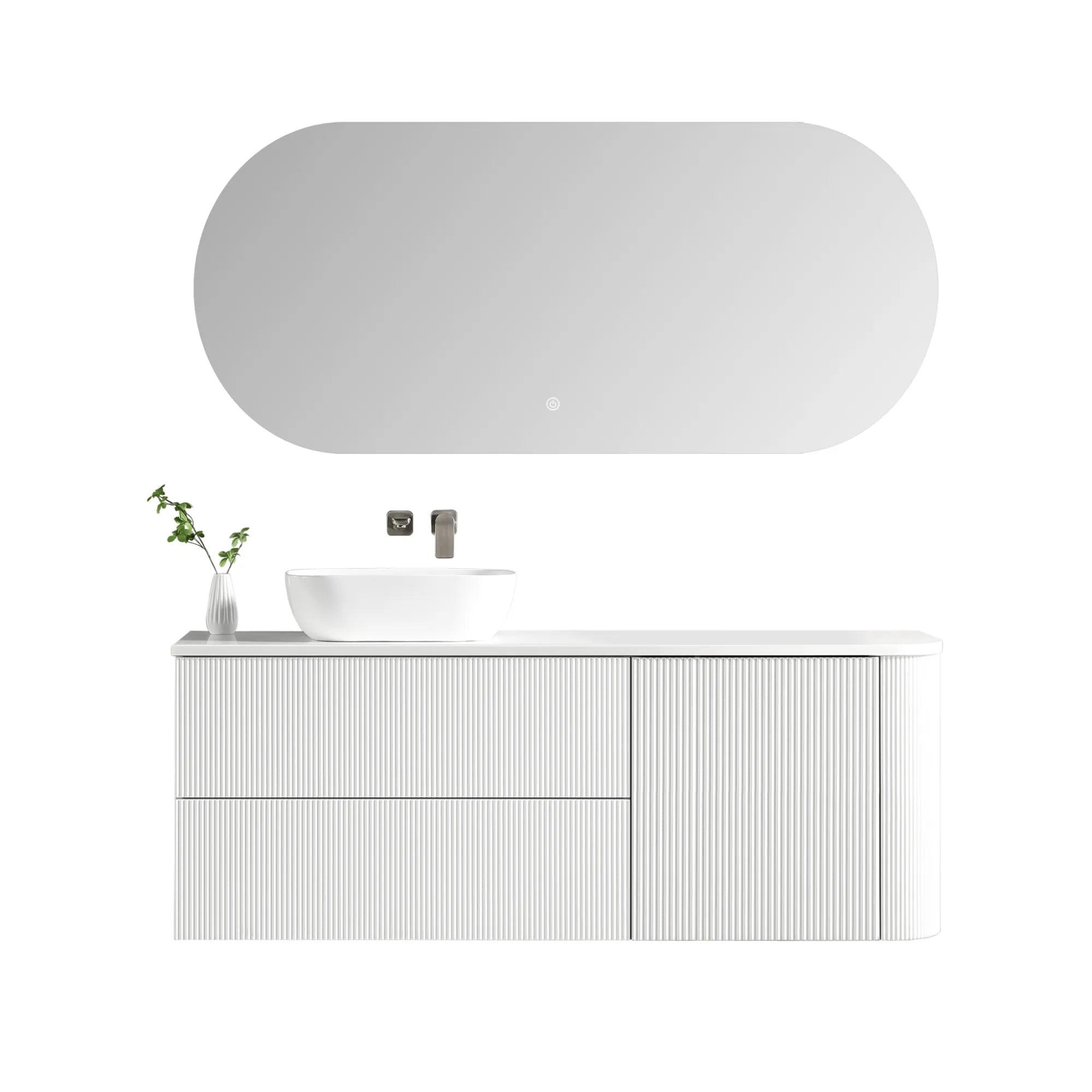 MELA - BRITTANY 1500 Matt White Fluted One Side Curved Wall Hung Vanity with Door & 2 Drawers-Vanities-from our-MELA-supplier–available at Bathroom City Perth