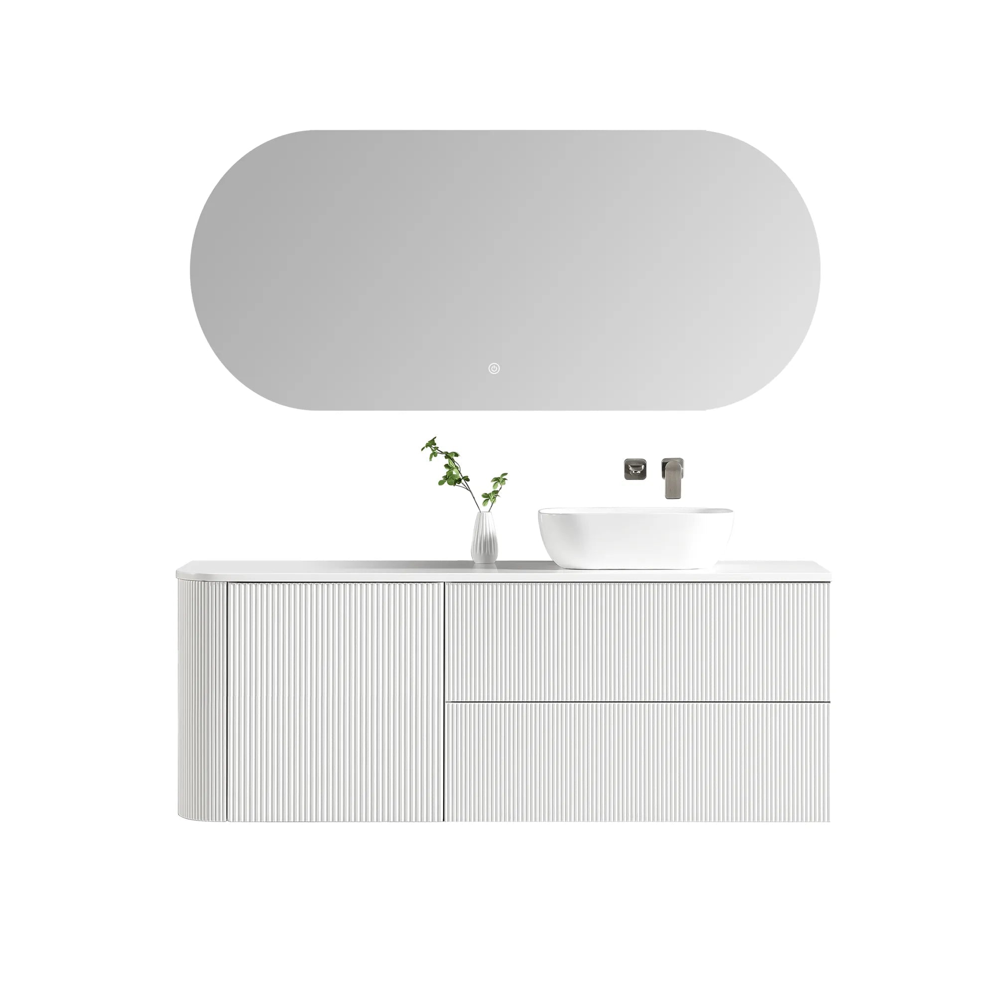 MELA - BRITTANY 1500 Matt White Fluted One Side Curved Wall Hung Vanity with Door & 2 Drawers-Vanities-from our-MELA-supplier–available at Bathroom City Perth