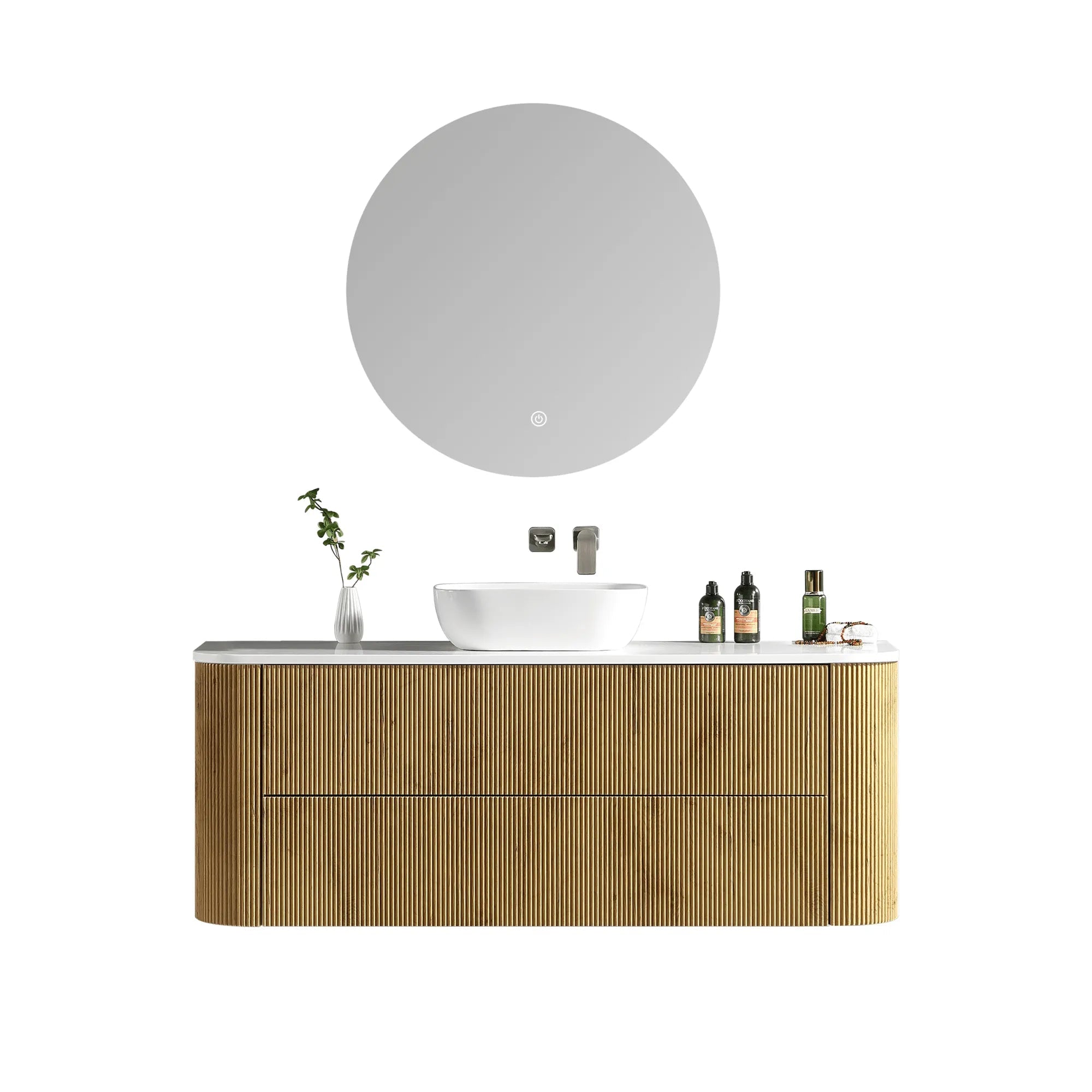MELA - BRITTANY 1500 Oak Fluted Curved Wall Hung Vanity with 2 Drawers-Vanities-from our-MELA-supplier–available at Bathroom City Perth