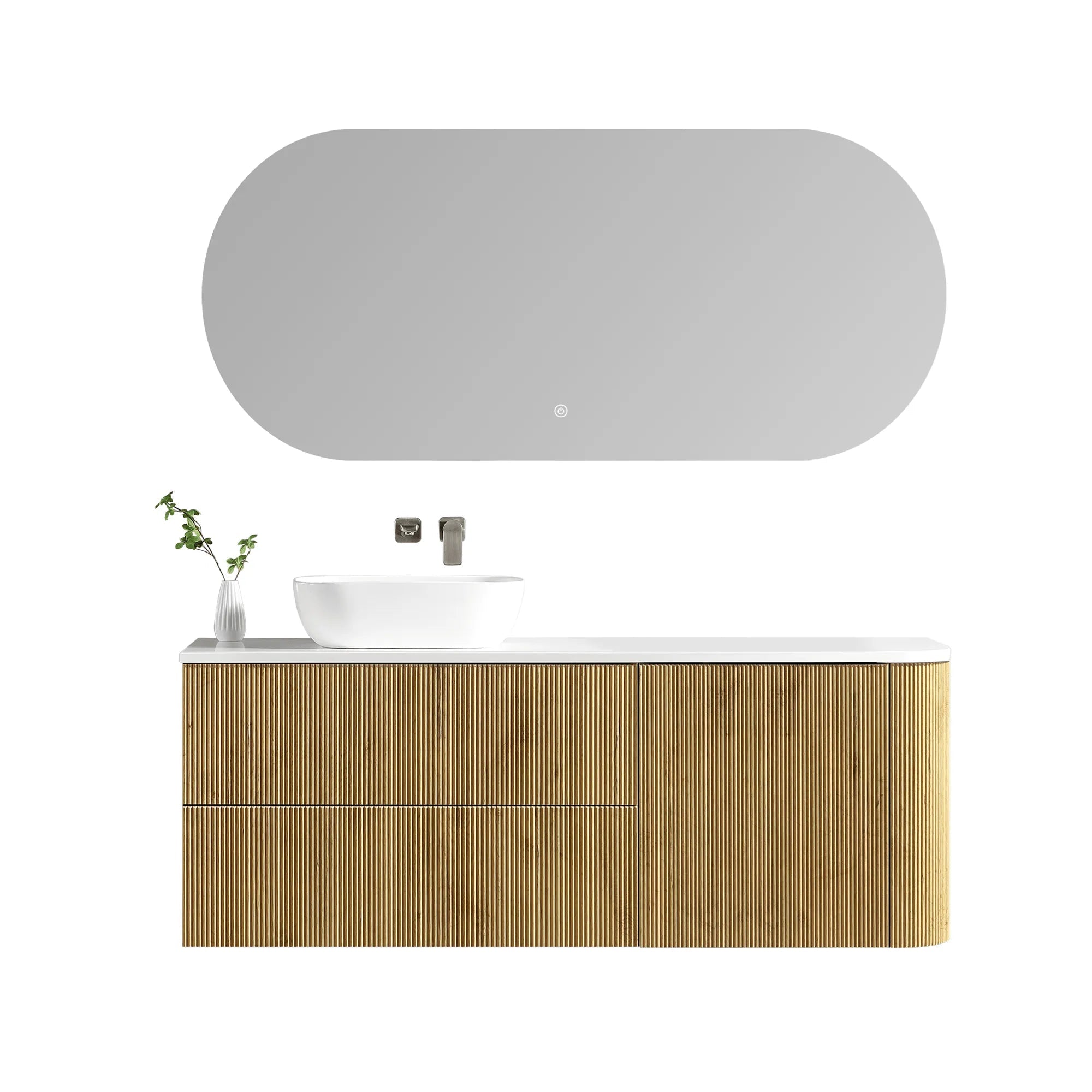MELA - BRITTANY 1500 Oak Fluted One Side Curved Wall Hung Vanity with Door & 2 Drawers-Vanities-from our-MELA-supplier–available at Bathroom City Perth