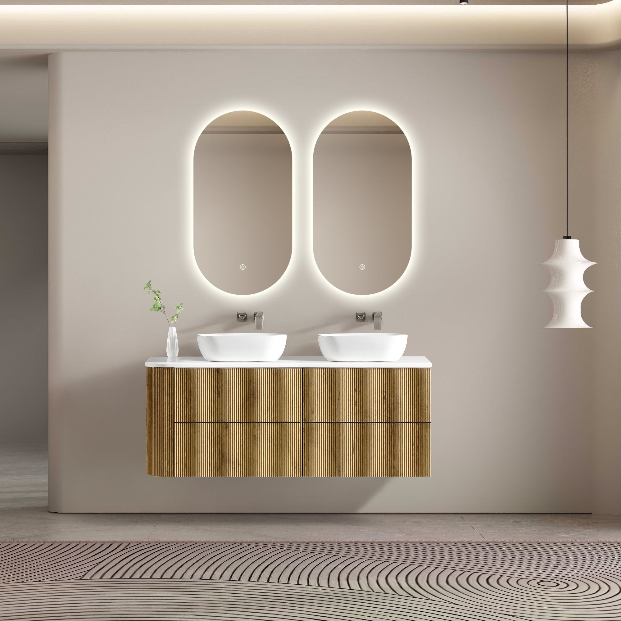 MELA - BRITTANY 1650 Oak Fluted One Side Curved Wall Hung Vanity with 4 DrawersVanities – available at Bathroom City Perth