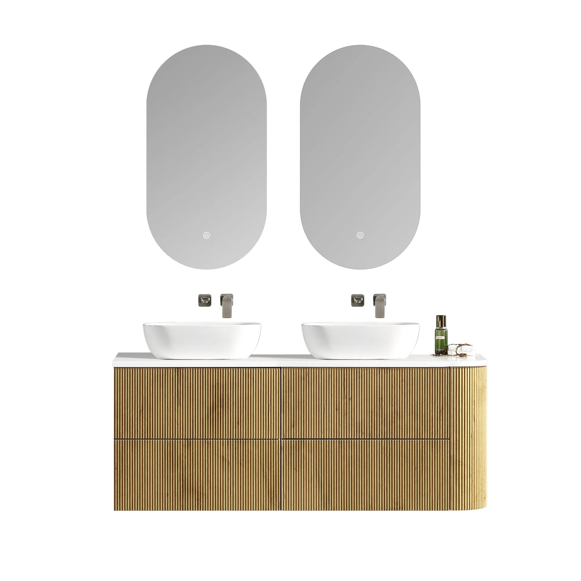 MELA - BRITTANY 1650 Oak Fluted One Side Curved Wall Hung Vanity with 4 Drawers-Vanities-from our-MELA-supplier–available at Bathroom City Perth