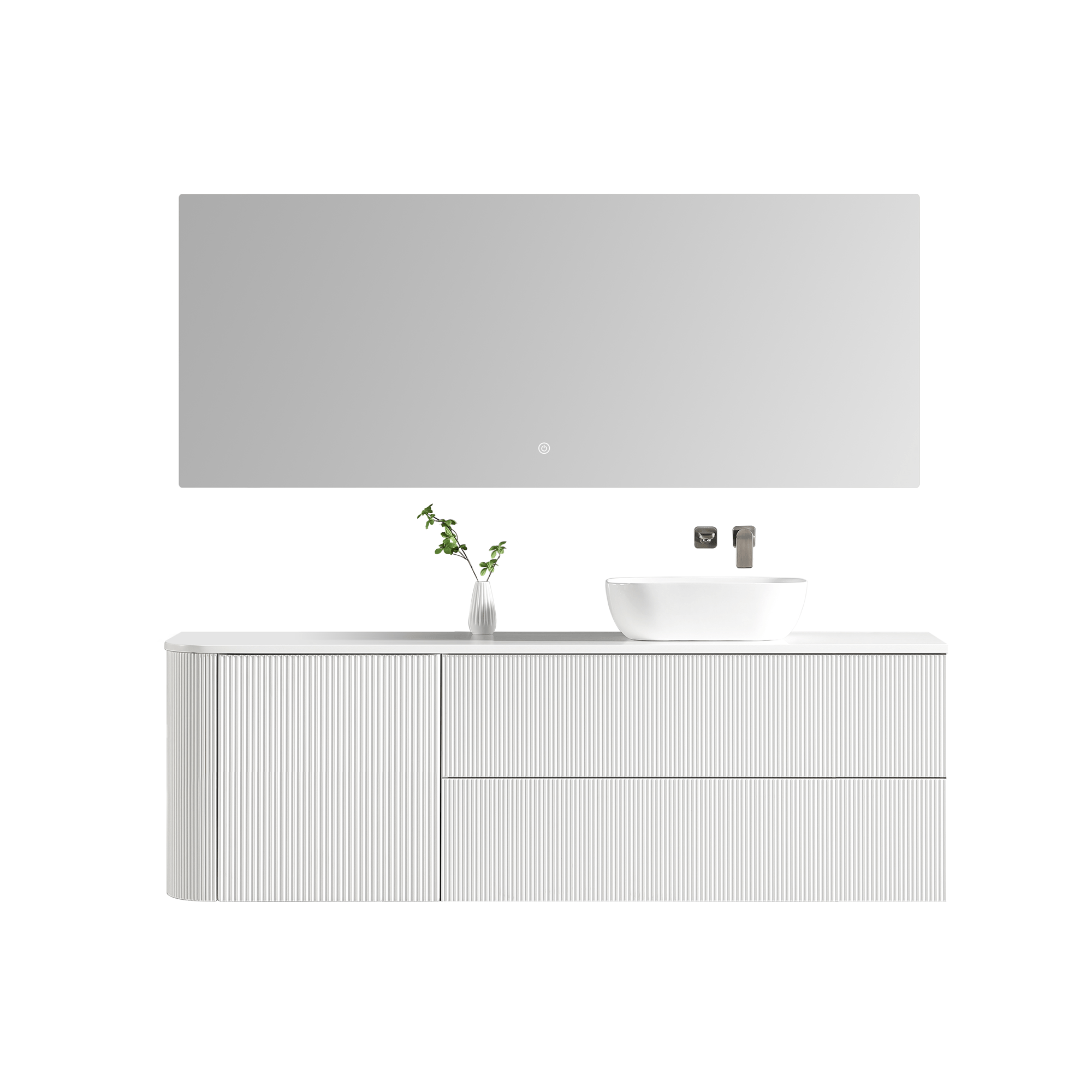 MELA - BRITTANY 1800 Matt White Fluted One Side Curved Wall Hung Vanity with Door & 2 Drawers - Vanities - from our - MELA - supplier–available at Bathroom City Perth