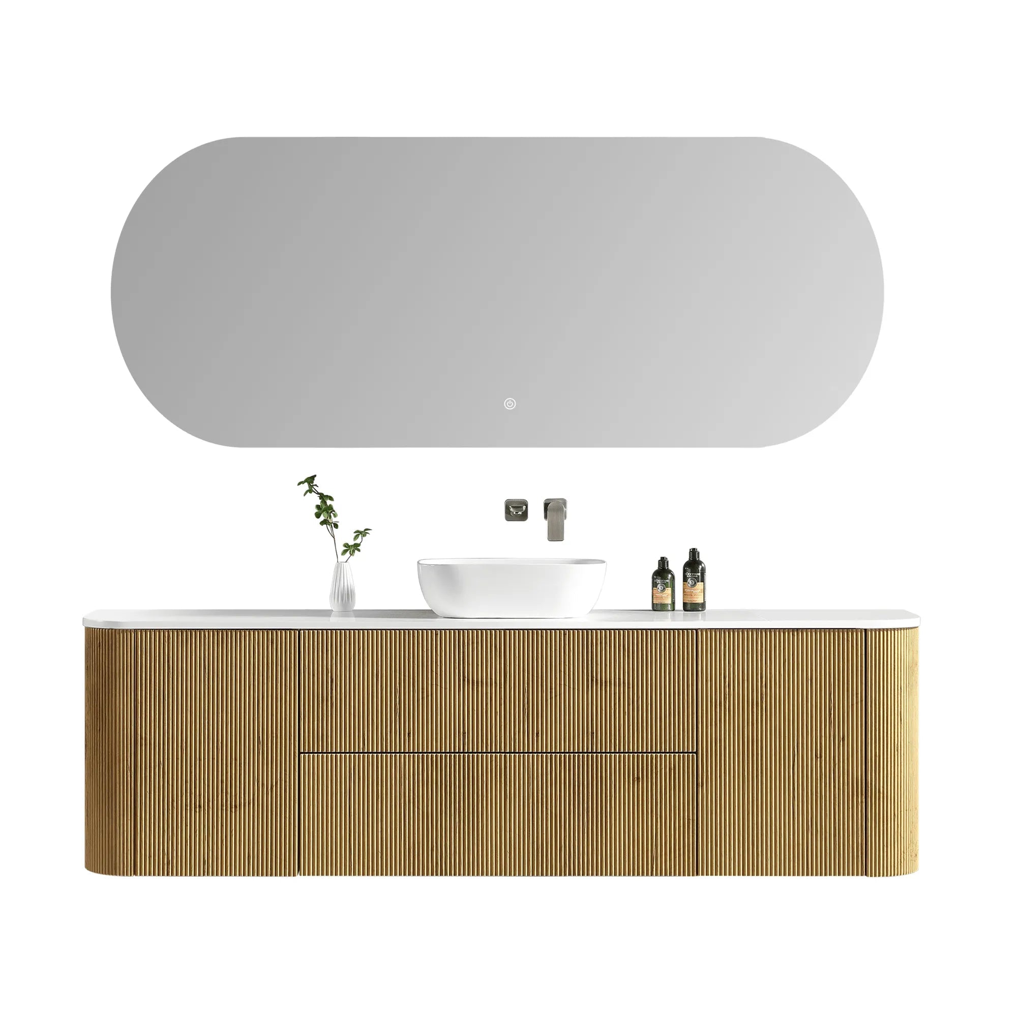 MELA - BRITTANY 1800 Oak Fluted Curved Wall Hung Vanity with 2 Doors & 2 Drawers-Vanities-from our-MELA-supplier–available at Bathroom City Perth