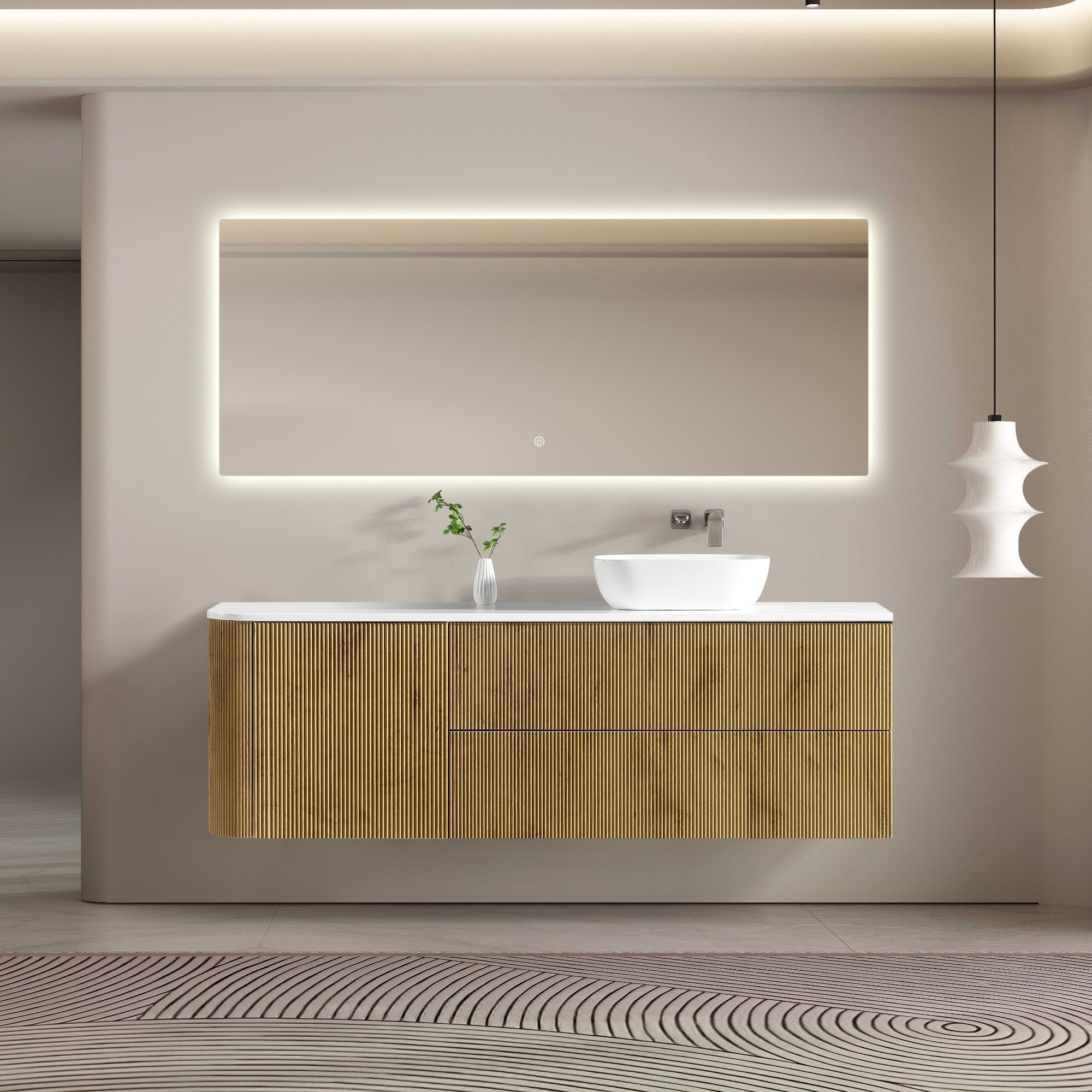 MELA - BRITTANY 1800 Oak Fluted One Side Curved Wall Hung Vanity with Door & 2 DrawersVanities – available at Bathroom City Perth