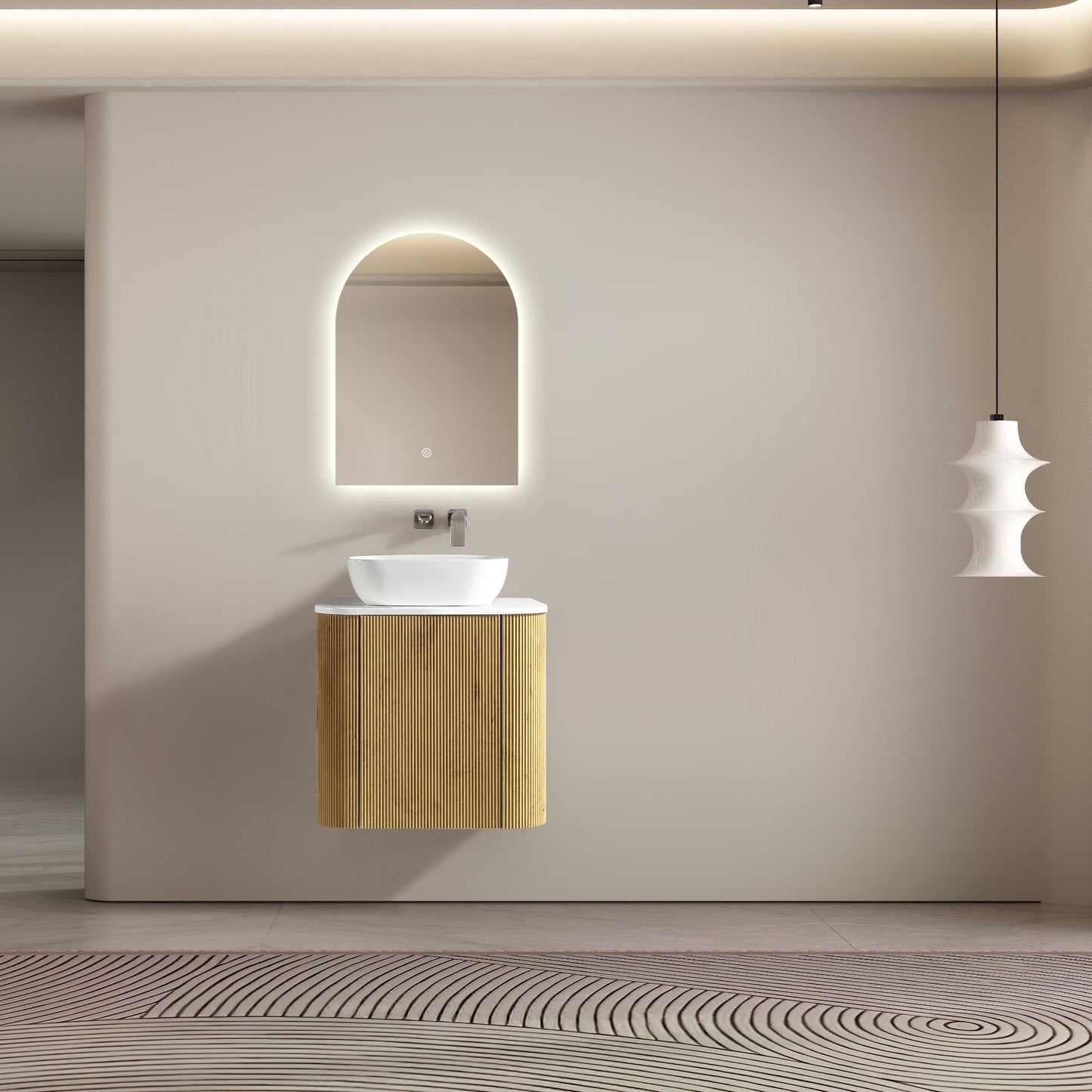 MELA - BRITTANY 600 Oak Fluted Curved Wall Hung Vanity with CupboardVanities – available at Bathroom City Perth