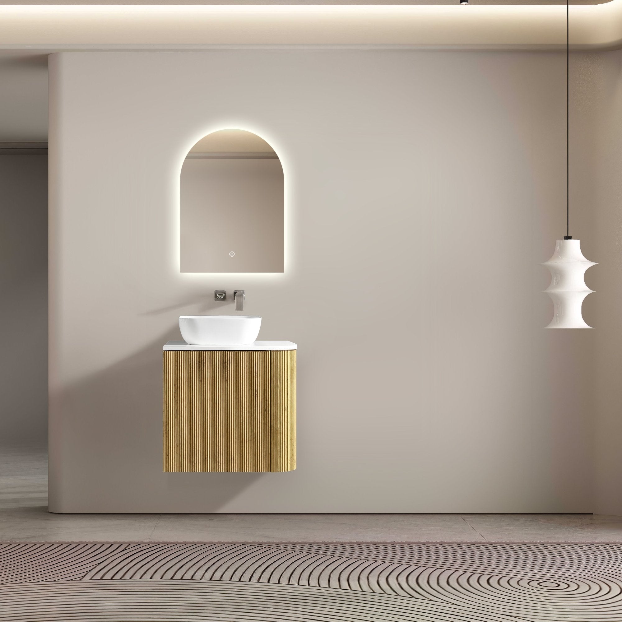 MELA - BRITTANY 600 Oak Fluted One Side Curved Wall Hung Vanity with CupboardVanities – available at Bathroom City Perth