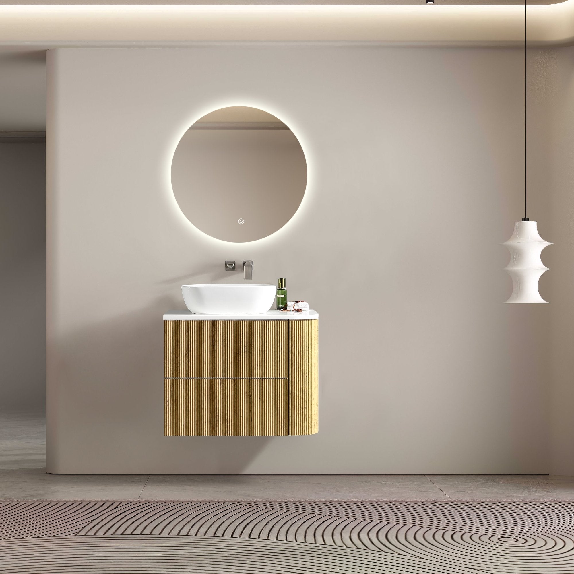 MELA - BRITTANY 750 Oak Fluted One Side Curved Wall Hung Vanity with 2 DrawersVanities – available at Bathroom City Perth