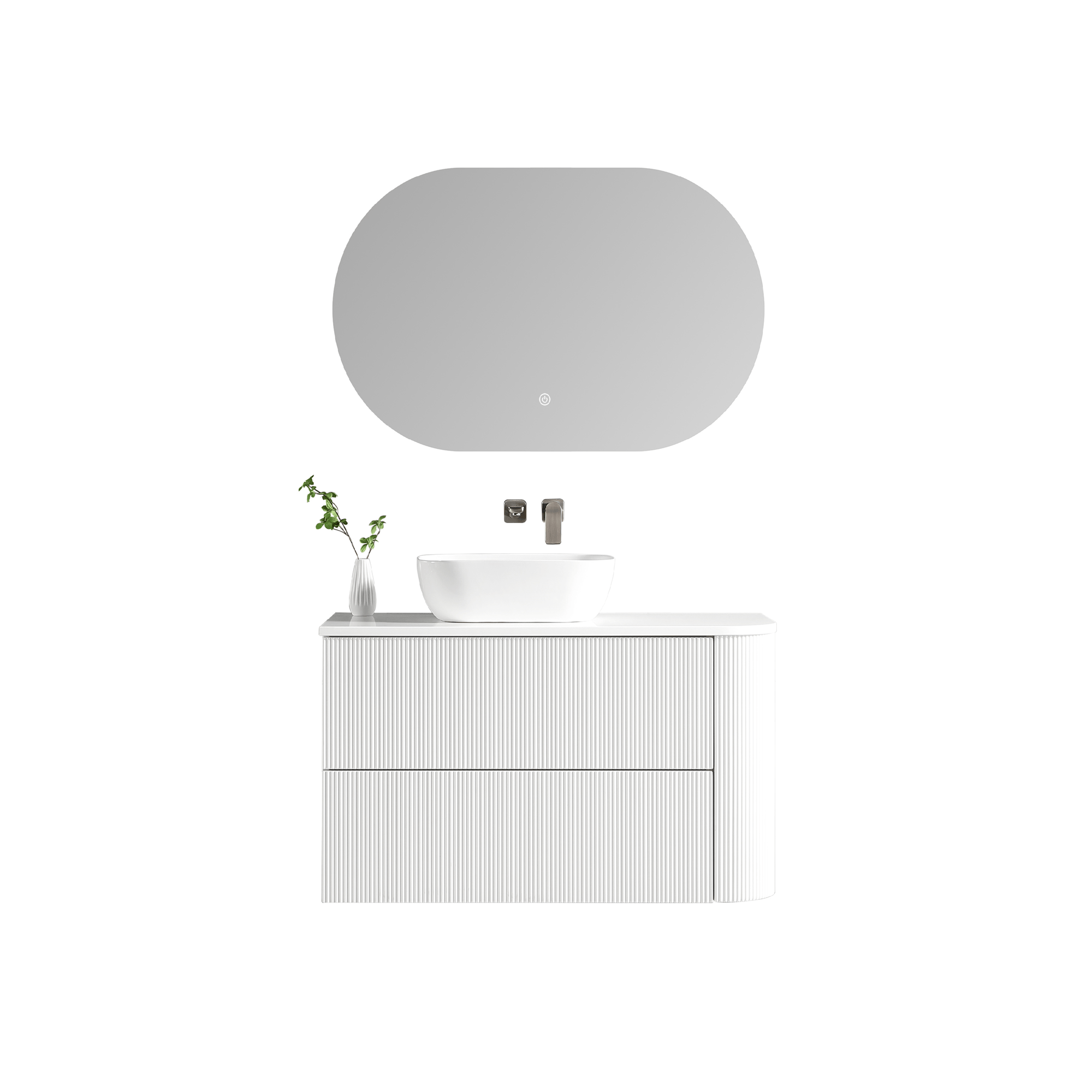 MELA - BRITTANY 900 Matt White Fluted One Side Curved Wall Hung Vanity with 2 Drawers - Vanities - from our - MELA - supplier–available at Bathroom City Perth