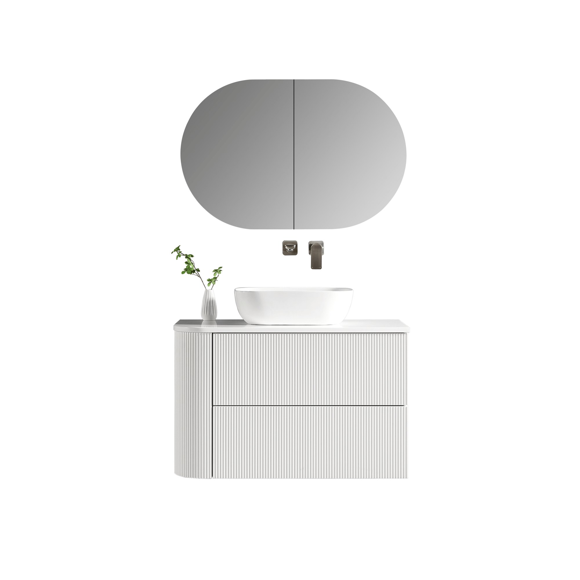 MELA - BRITTANY 900 Matt White Fluted One Side Curved Wall Hung Vanity with 2 Drawers - Vanities - from our - MELA - supplier–available at Bathroom City Perth