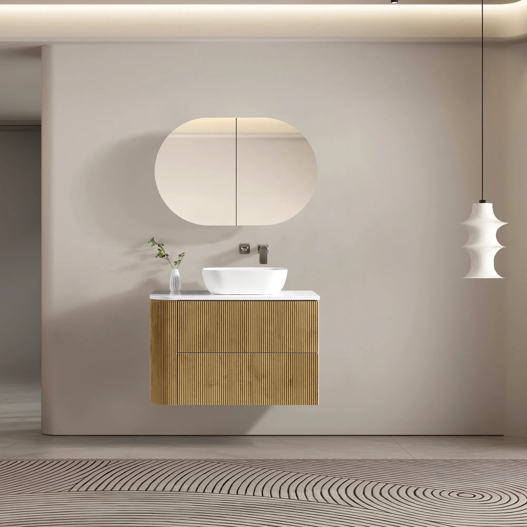 MELA - BRITTANY 900 Oak Fluted One Side Curved Wall Hung Vanity with 2 Drawers-Vanities-from our-MELA-supplier–available at Bathroom City Perth
