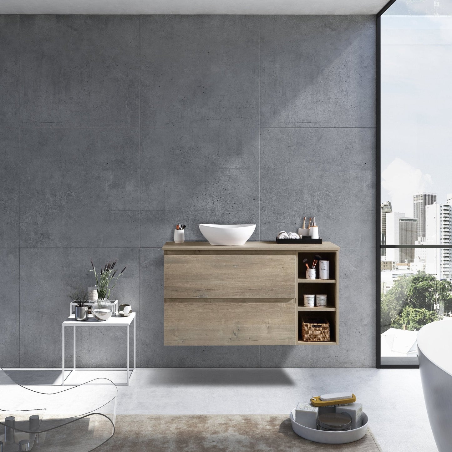 MELA - CLARK 1050 Sorrento Oak Wall Hung Vanity with 2 Drawers and Open ShelvesVanities – available at Bathroom City Perth