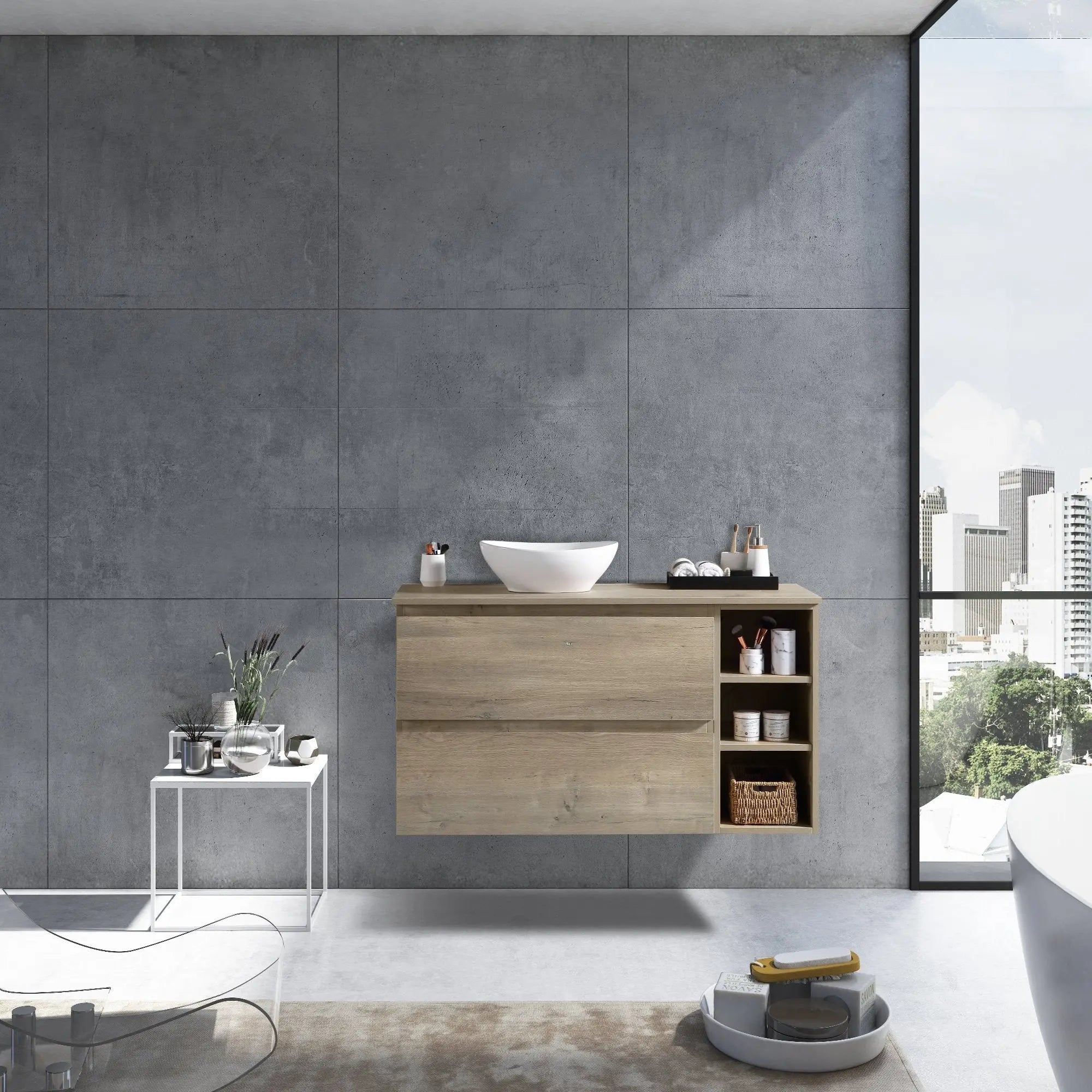 MELA - CLARK 1050 Sorrento Oak Wall Hung Vanity with 2 Drawers and Open Shelves-Vanities-from our-MELA-supplier–available at Bathroom City Perth
