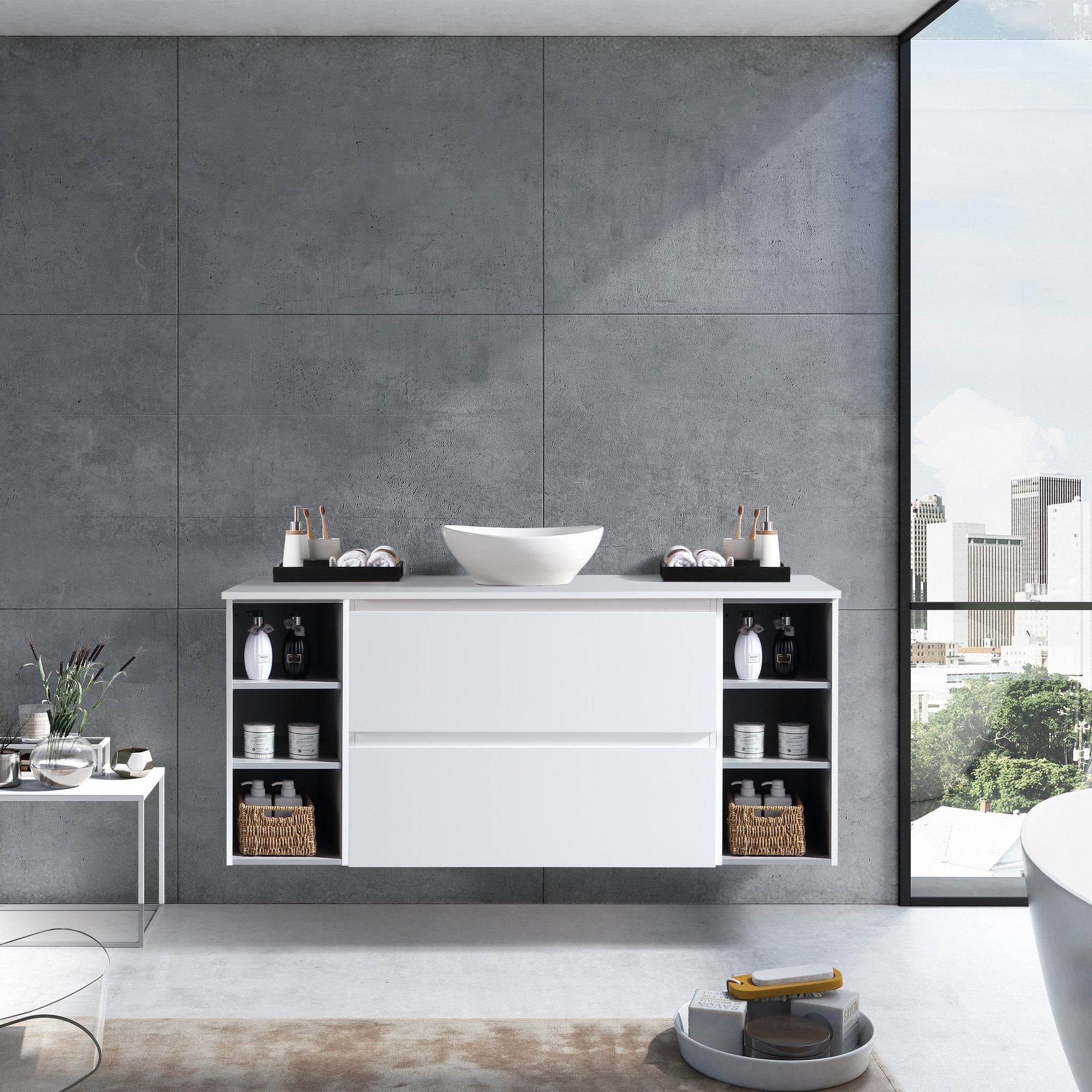 MELA - CLARK 1200 Gloss White Wall Hung Vanity with 2 Drawers and 2 Open ShelvesVanities – available at Bathroom City Perth