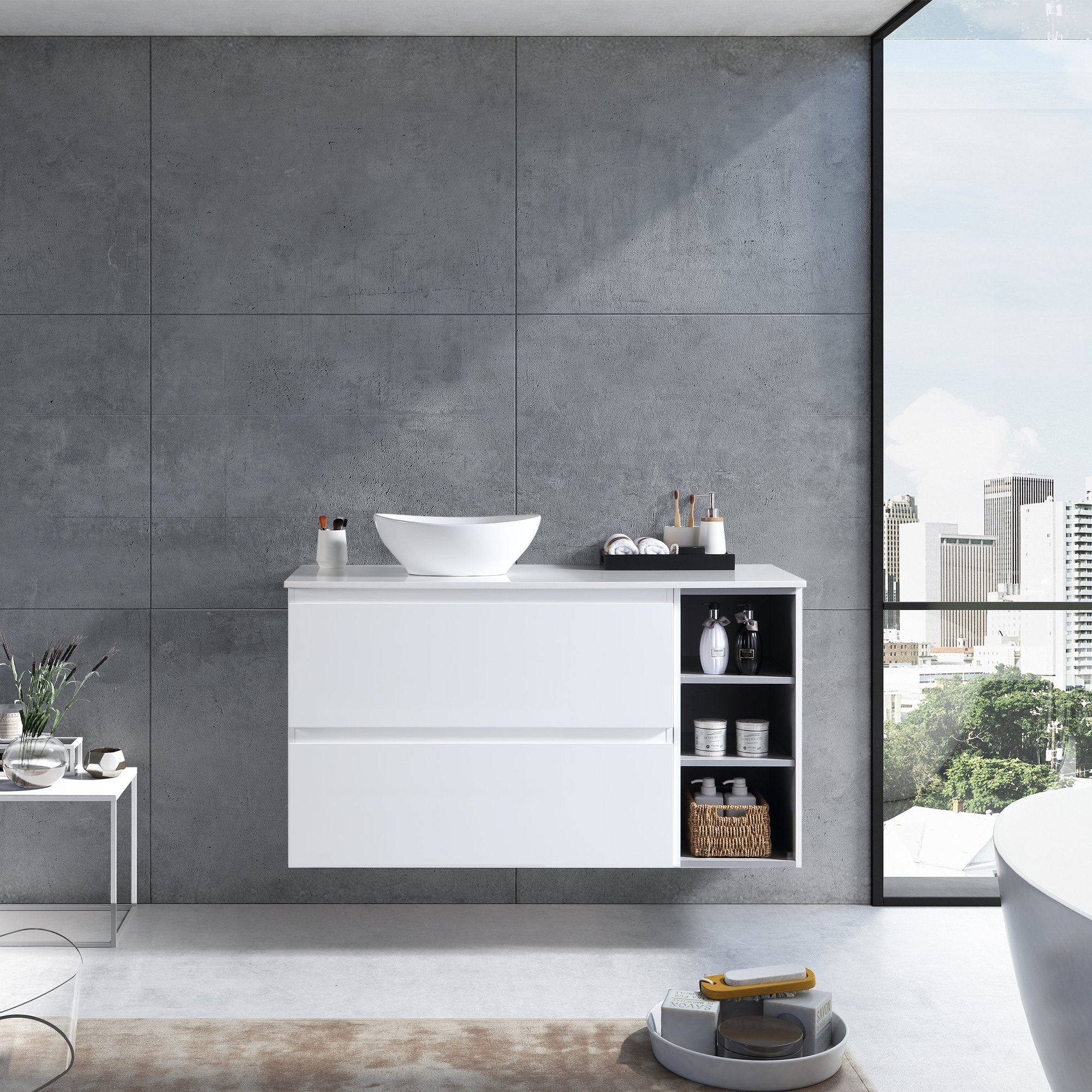 MELA - CLARK 1200 Gloss White Wall Hung Vanity with 2 Drawers and Open ShelvesVanities – available at Bathroom City Perth