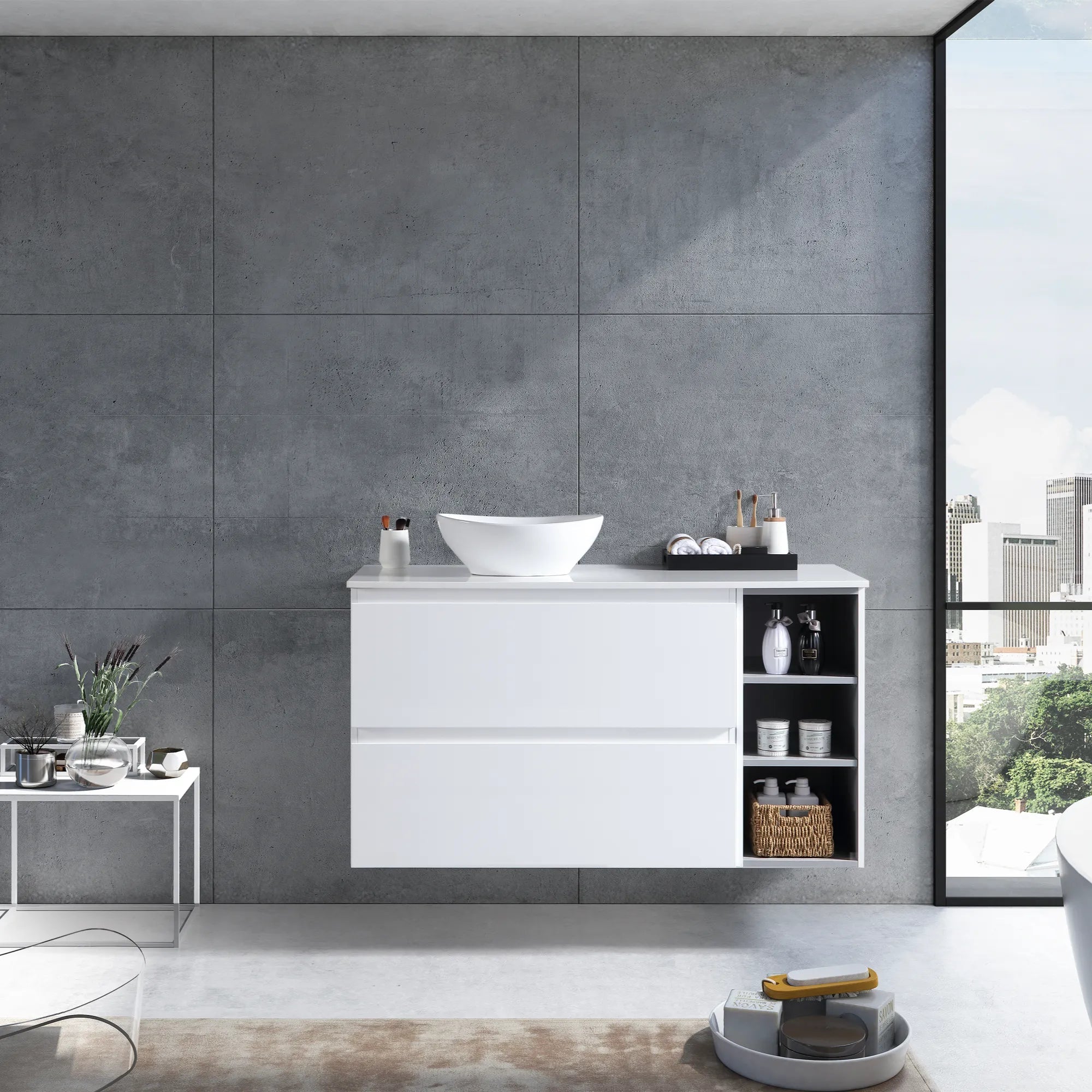 MELA - CLARK 1200 Gloss White Wall Hung Vanity with 2 Drawers and Open Shelves-Vanities-from our-MELA-supplier–available at Bathroom City Perth