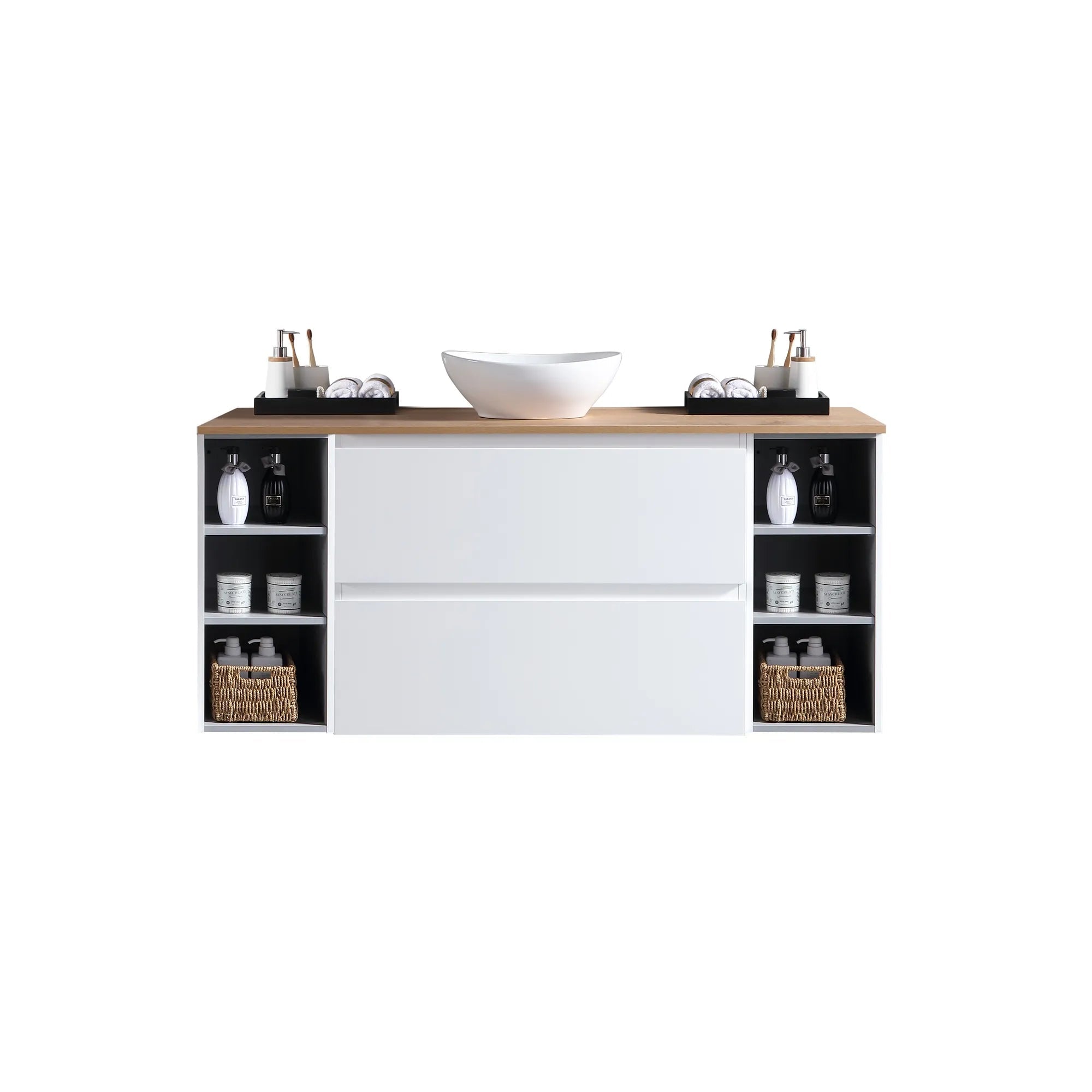 MELA - CLARK 1350 Gloss White Wall Hung Vanity with 2 Drawers and 2 Open Shelves-Vanities-from our-MELA-supplier–available at Bathroom City Perth