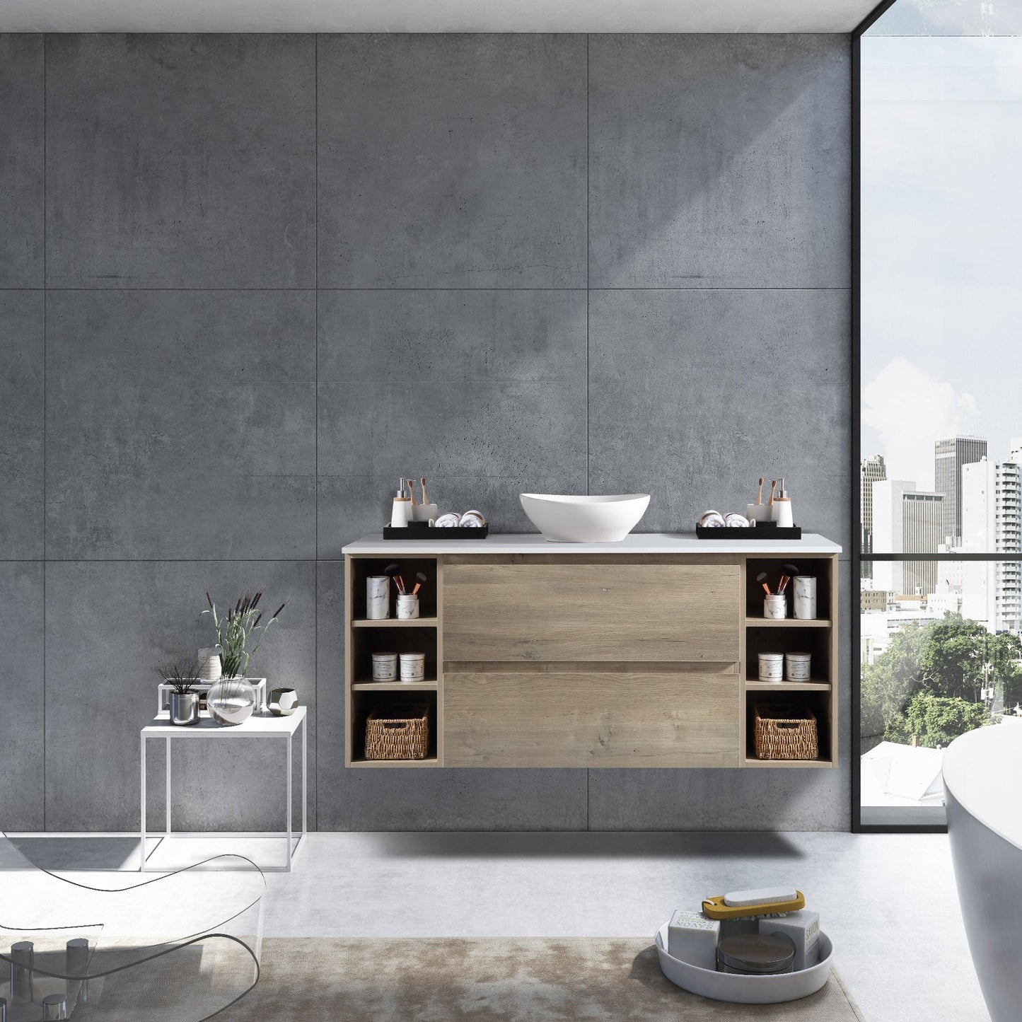 MELA - CLARK 1350 Sorrento Oak Wall Hung Vanity with 2 Drawers and 2 Open ShelvesVanities – available at Bathroom City Perth