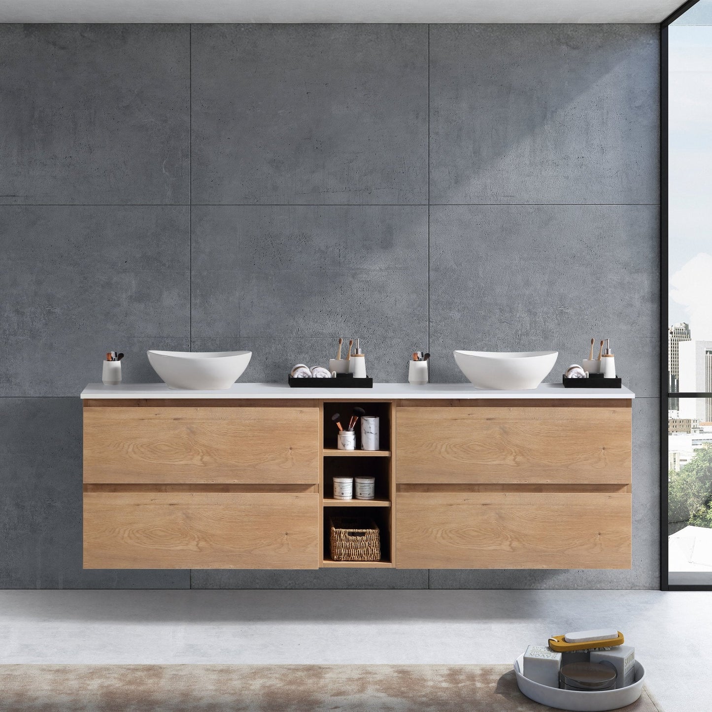 MELA - CLARK 1500 Snafell Wall Hung Vanity with 4 Drawers and Open ShelvesVanities – available at Bathroom City Perth