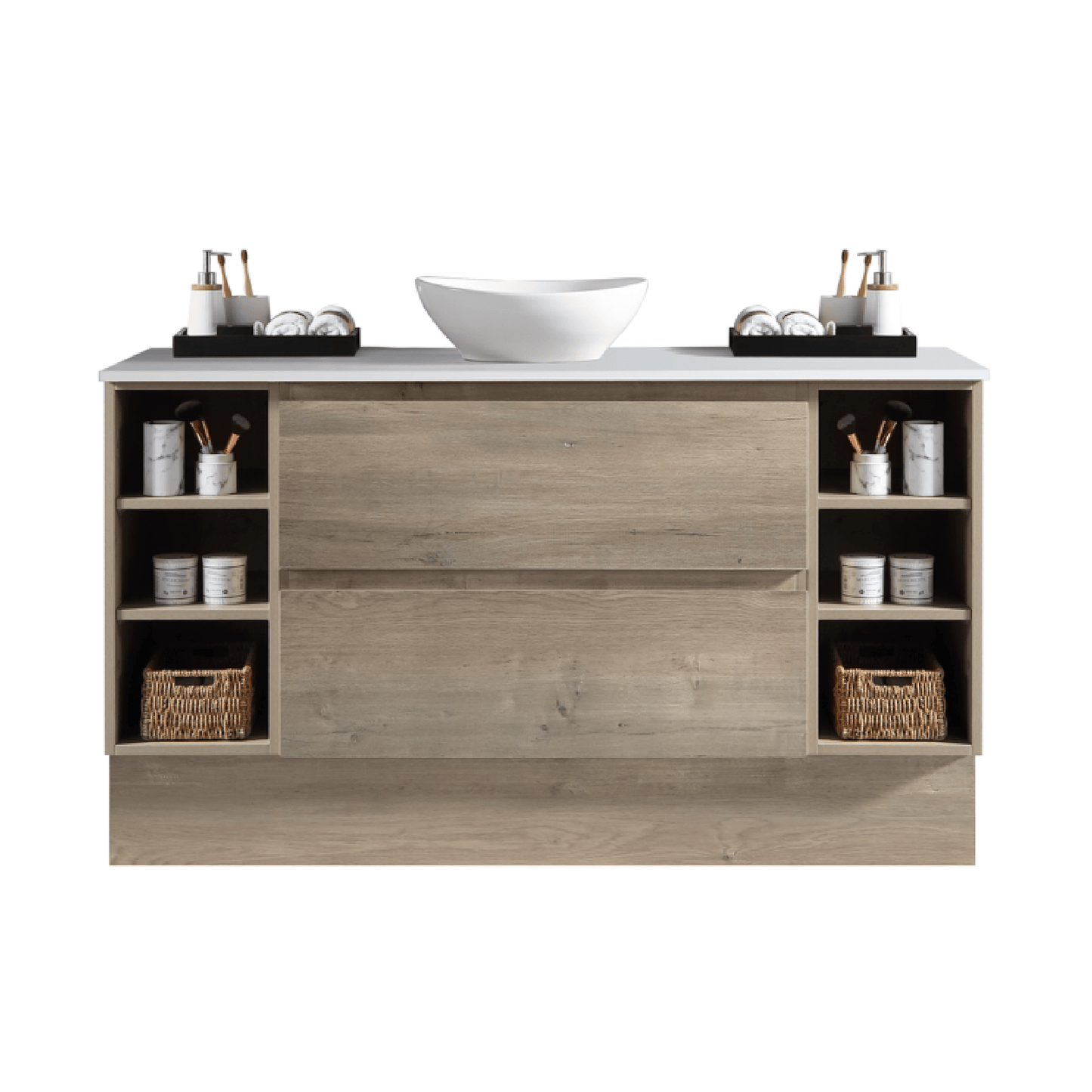 MELA - CLARK 1500 Sorrento Oak Wall Hung Vanity with 2 Drawers and 2 Open ShelvesVanities – available at Bathroom City Perth