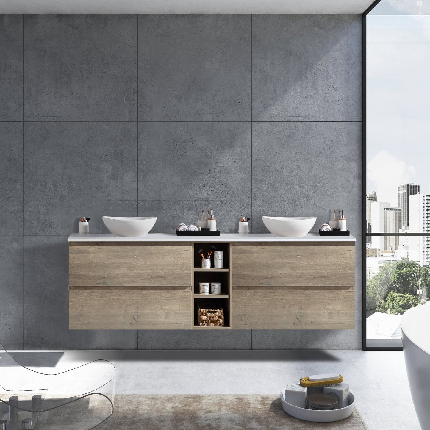 MELA - CLARK 1500 Sorrento Oak Wall Hung Vanity with 4 Drawers and Open ShelvesVanities – available at Bathroom City Perth